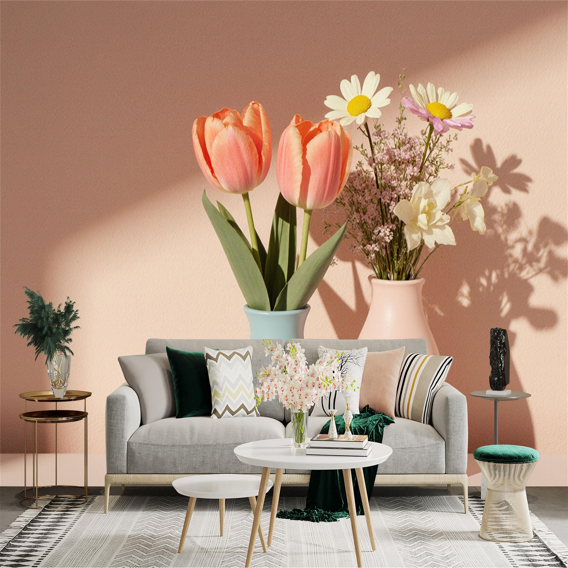 Custom Size Wall Sticker Mural， Pink Tulips and Daisy Flowers， Minimalist Floral Art， Modern Vases， Soft Pastel Aesthetic， for wall Decoration， peelandstick wall Decals.