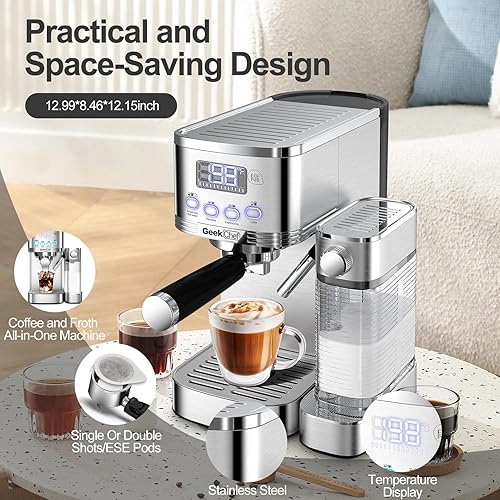 Miniatura 8 de Geek Chef Máquina de café expreso y capuchino con espumador de leche automático, 20 bar para el hogar, para capuchino o café con leche, con filtro