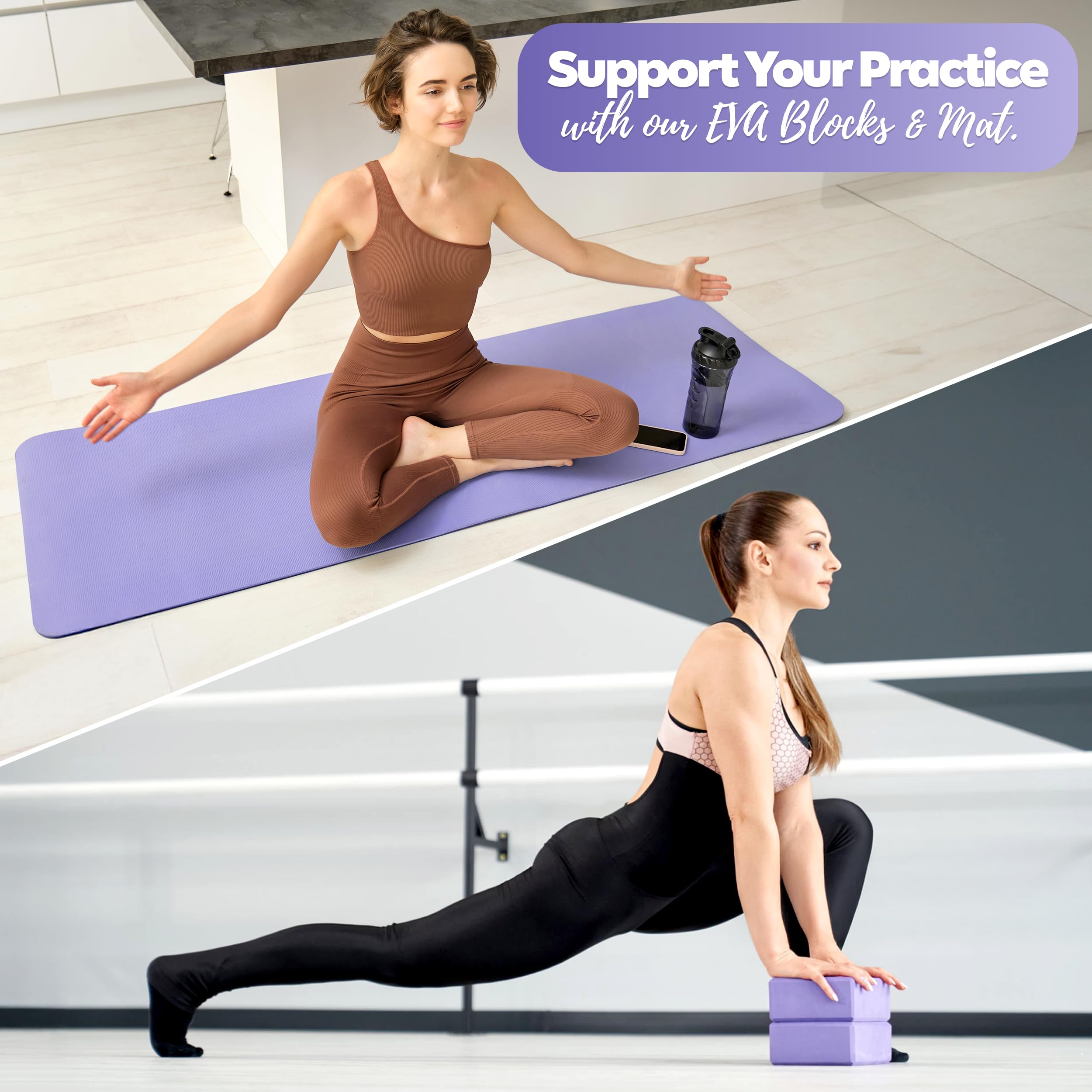 TechFit Set Blocchi Yoga, Tappetino 180x60x1 cm, Spesso Antiscivolo EVA Alta Densità 2 Mattoncini 22,5x15x7,6cm Pilates Stretching Cinghia Trasporto Ecologico