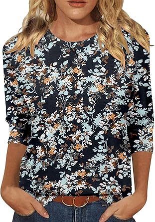 KISSMODA Tunic Tops for Women Loose Fit Dressy Round Neck Pleated 3/4 Length Sleeve Spring Tops