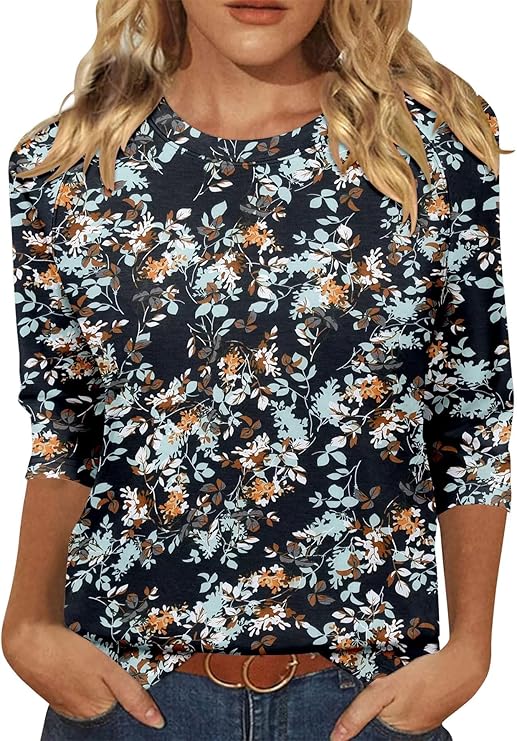 KISSMODA Tunic Tops for Women Loose Fit Dressy Round Neck Pleated 3/4 Length Sleeve Spring Tops