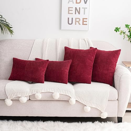 Miniatura 2 de HWY 50 Juego de 2 fundas de cojín decorativas de pana suave con empalme de 18 x 18 pulgadas, fundas decorativas de estilo bohemio a rayas para sofá,