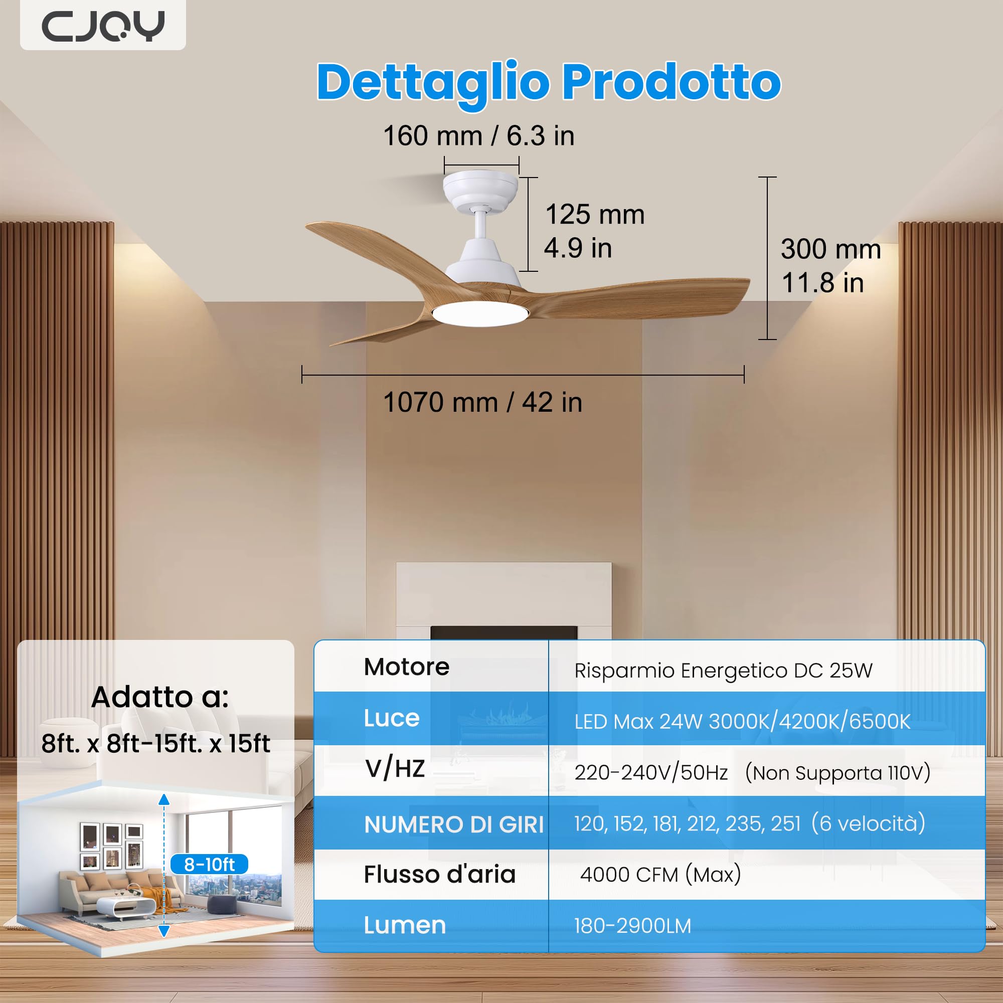 CJOY Ventilatore da Soffitto Silenzioso,107cm Ventilatore da Soffitto con Luce e Telecomando Legno, Reversibile, Dimmerabile 3CCT, 6 Velocità, Modalità Sospensione, Per Camera da Letto/Soggiorno/Patio