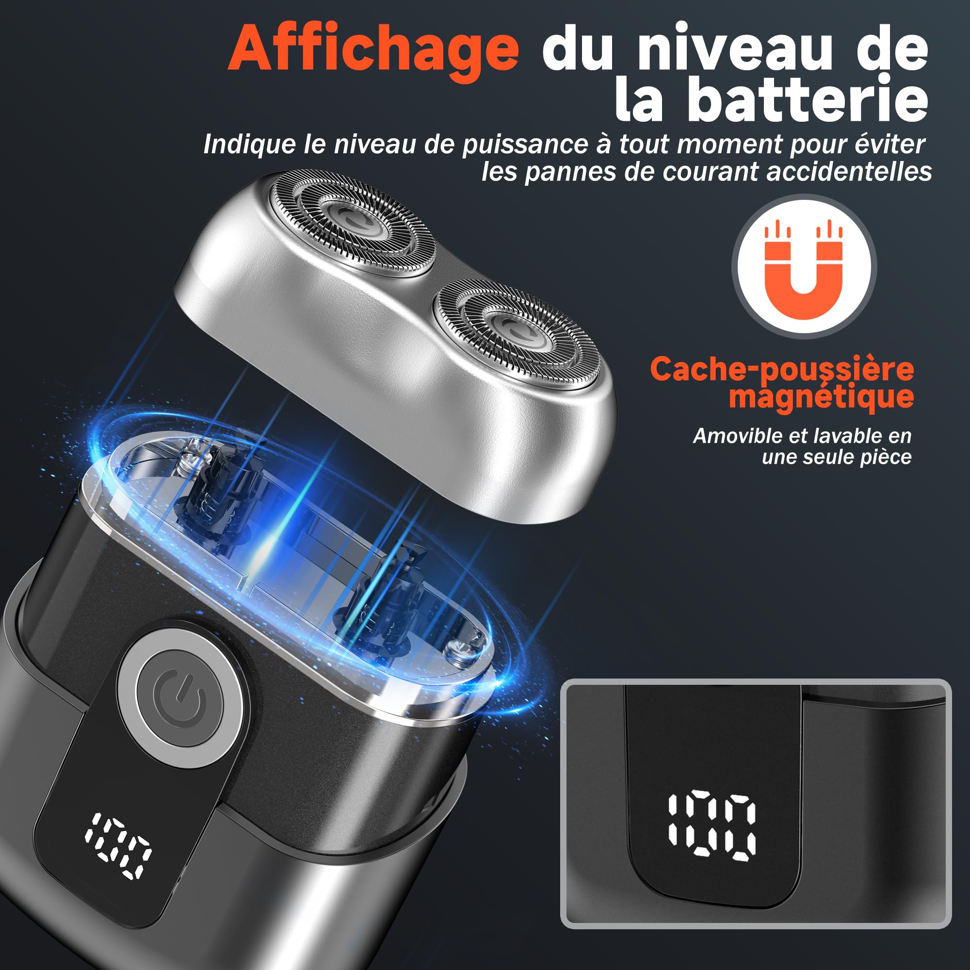 Mini Rasoir Électriques pour Hommes avec Affichage LED, Rasoir Électrique Étanche IPX6, Mini Rasoir Portable Silencieux et Lavable, Rasoir Homme Gris
