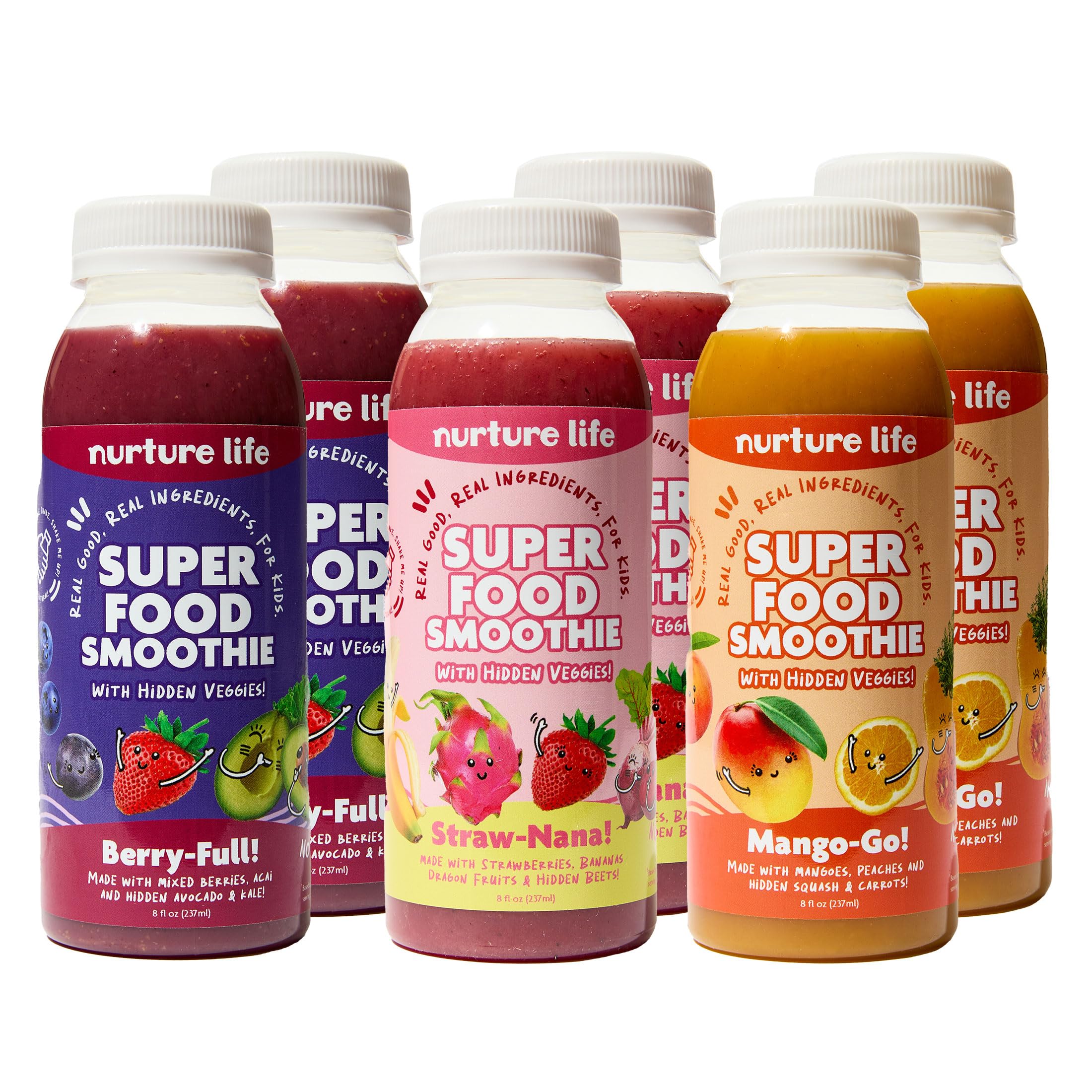 Nurture Life Superfood Smoothies, Healthy Snacks for Kids & Toddlers To-Go with Hidden Fruits & Veggies, Fruit Smoothies for Kids, Organic Drink Toddler Snacks, No Added Sugar, 6 Pack, Variety Pack