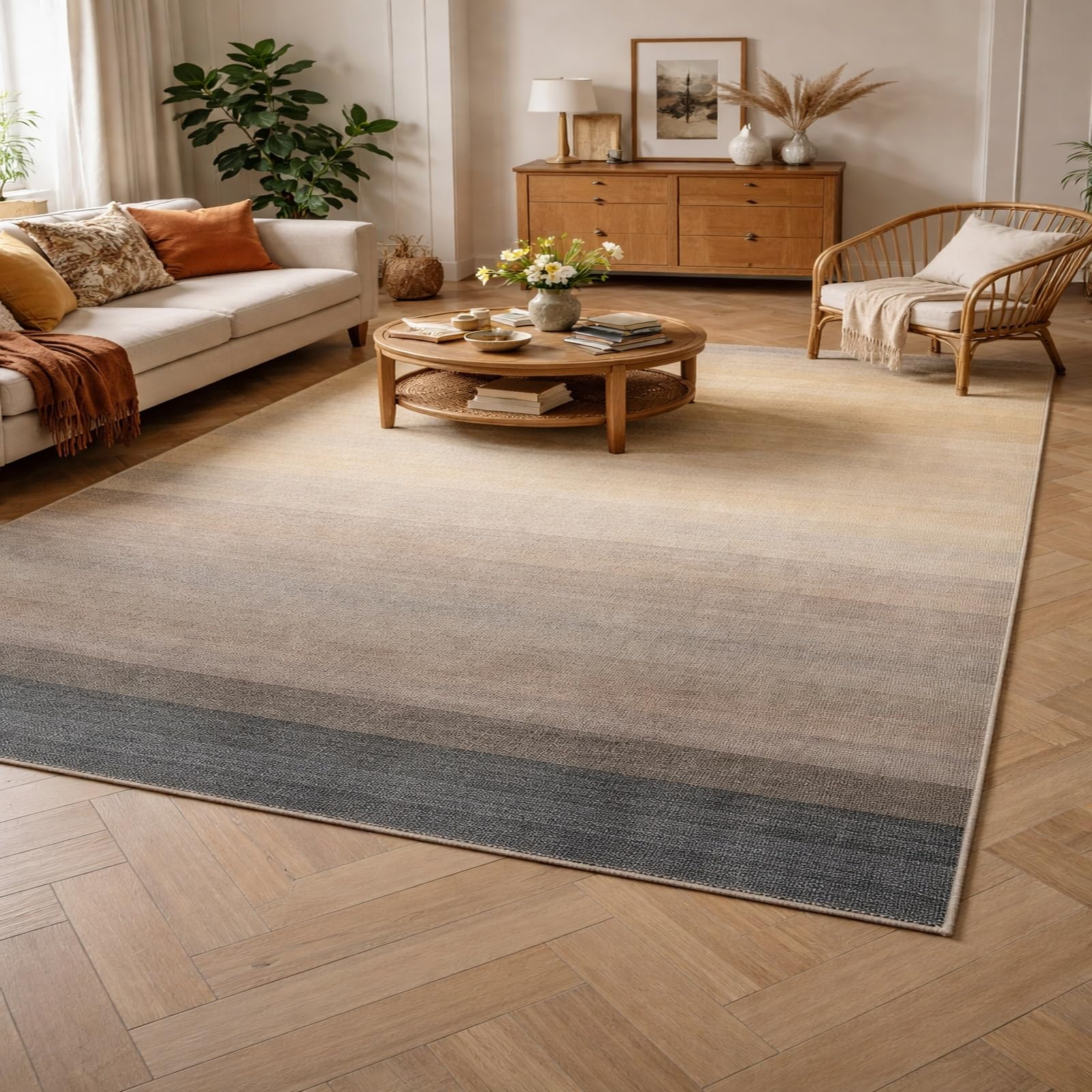 Tapis salon abstrait moderne beige gris noir 150x150 lavable