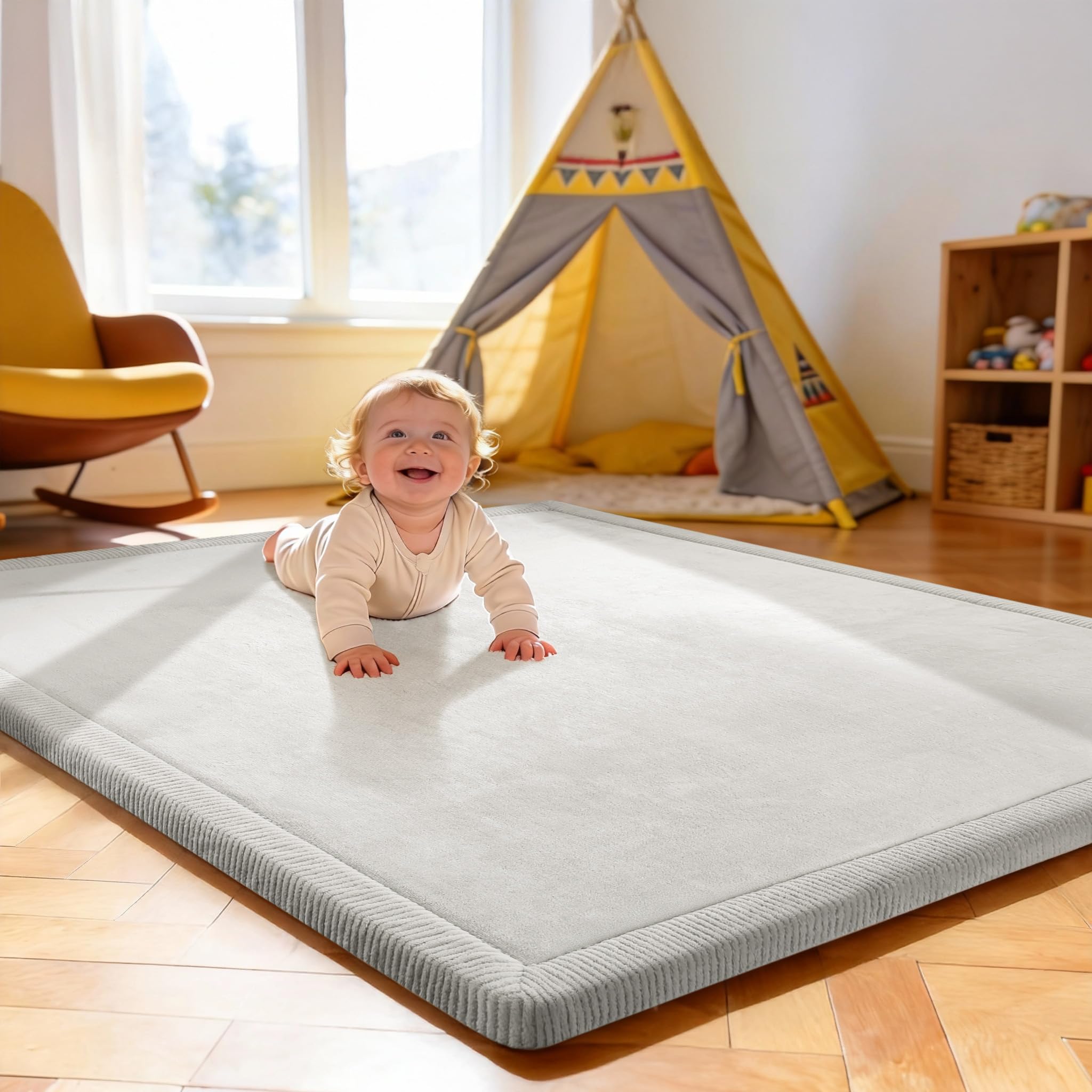 Treeboy Spielmatte Baby 120x170x2cm hellgrau – Teppich für Kinderzimmer mit hochwertigem Memory-Schaum – Krabbelmatte mit Rutschfester Unterseite – Krabbeldecke, Kinderteppich, spielteppich Kinder