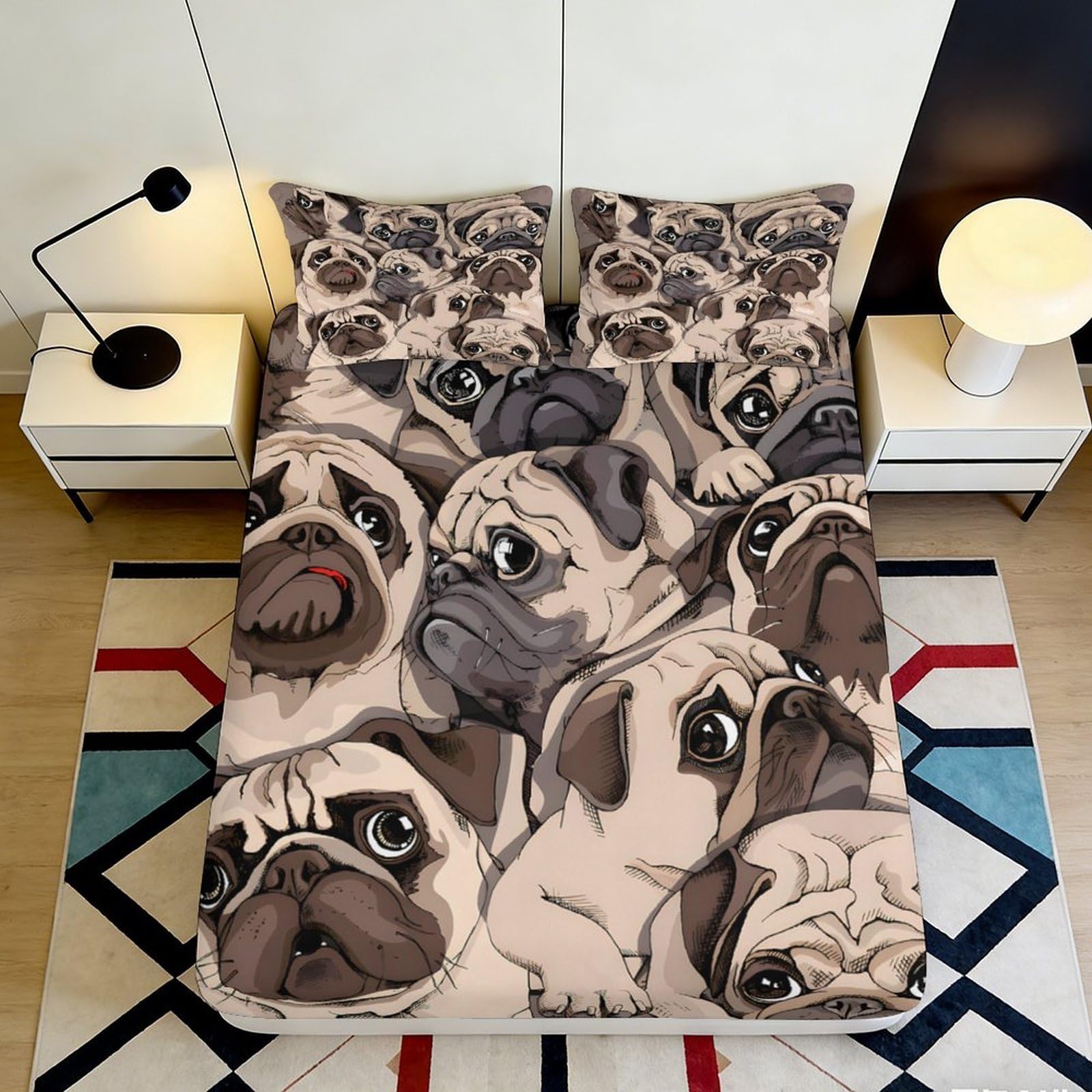 3D Printed Cartoon Pug Dog Fitted Sheet Microfiber Anti-Slip Bed Cover for Bedroom Dorm Room Easy Care 3D Animal Decor 140x200x25cm