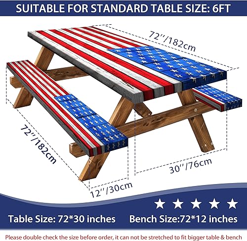 Miniatura 2 de Juego de fundas para mesa de picnic con bandera estadounidense con textura de madera, impermeable, resistente al viento, para campamento, manteles
