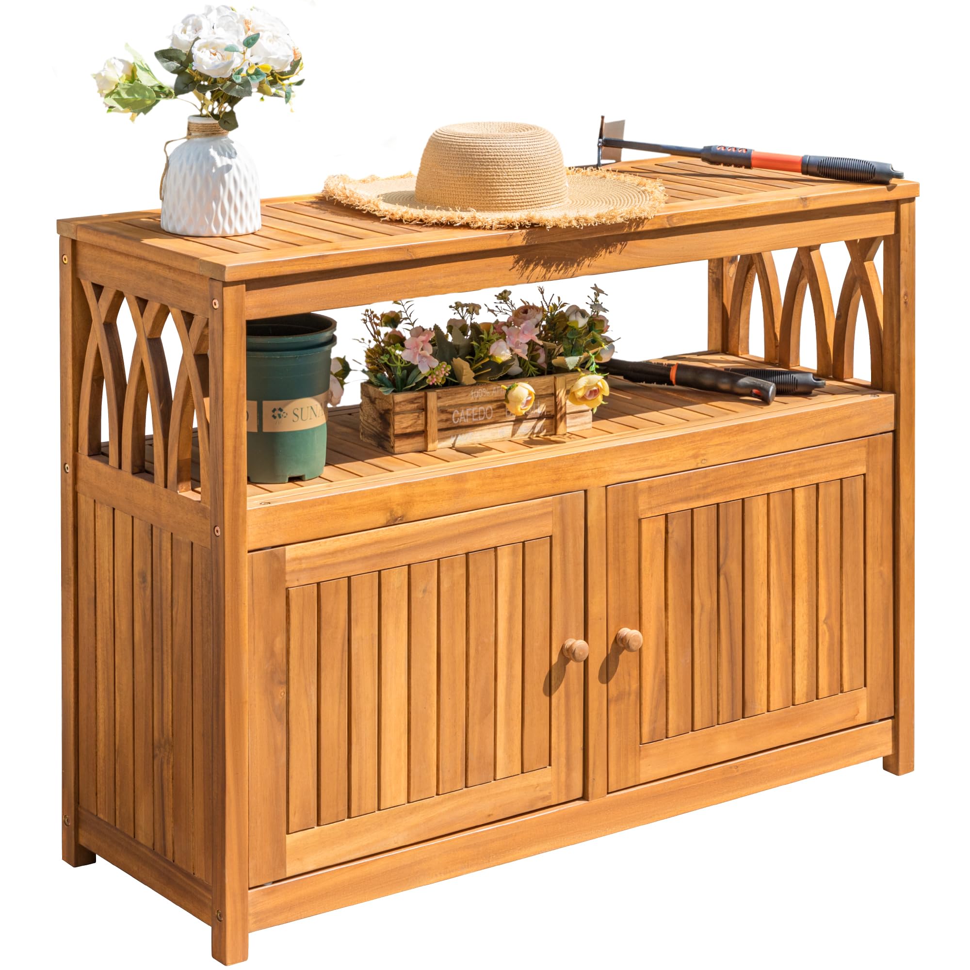 Devoko Outdoor Storage Cabinet, Weatherproof Cabinet Acacia Wood with 2 Magnetic Doors and Shelve, Outdoor Buffet, TV Stand, Potting Table (Brown)