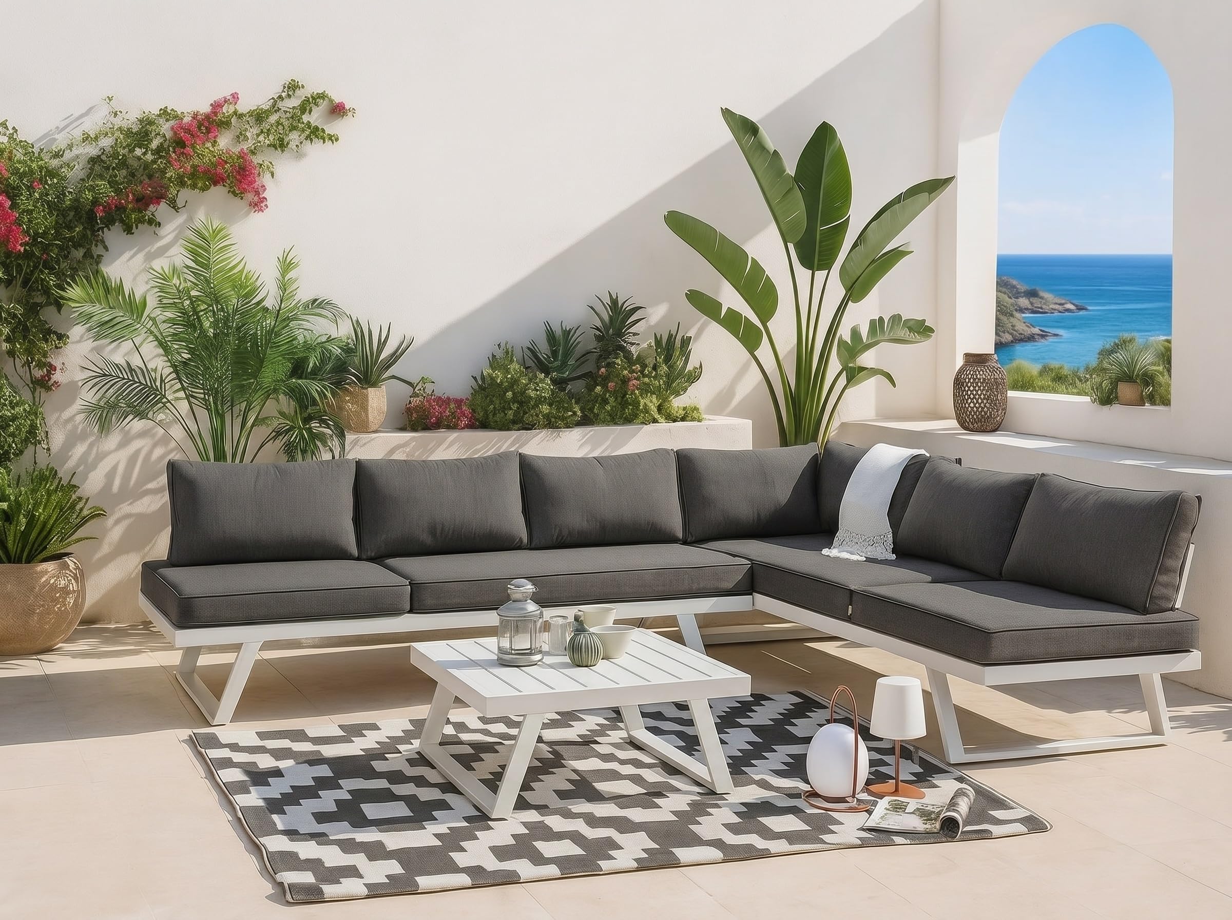 MOMMAHOME Conjunto Muebles de Jardín de exterior, Rinconera Convertible Multifunción Aluminio Blanco, Muebles para terraza/Exterior, Set de Aluminio con mesa de centro, Cojines tejido Gris | VALENCIA