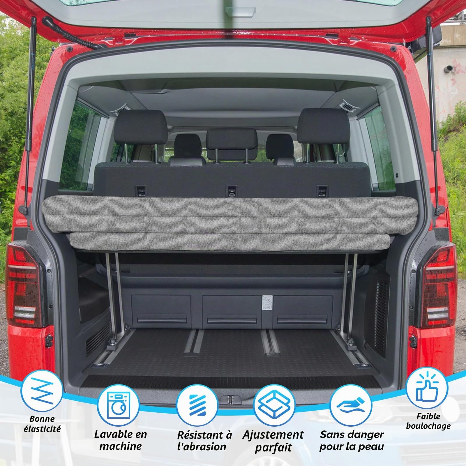 Matelas pliant, pour VW T4, T5, T6, T6.1, Multivan California Beach Caravelle, Transporter, 148 x 185 x 8 cm, avec fermeture éclair et housse lavable, pour voyage et camping