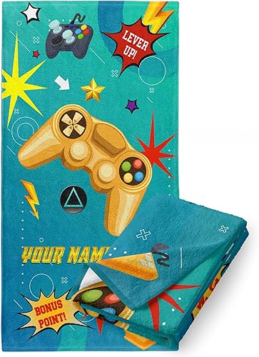 Toalla de playa personalizada para niños y niñas con nombre personalizado de niños, tema de control de videojuegos, algodón suave y absorbente,