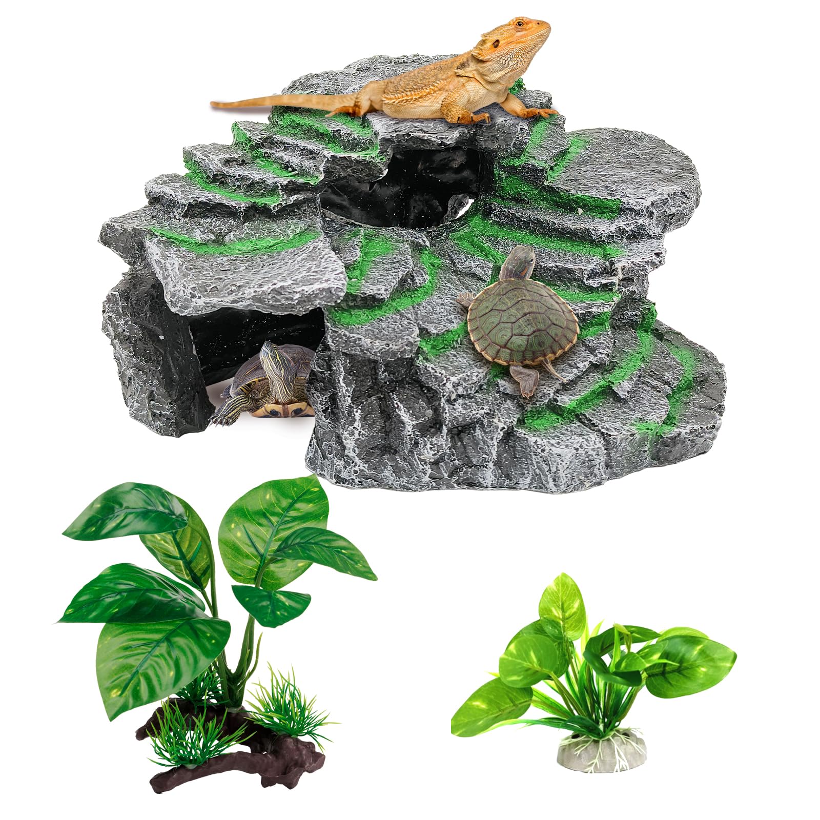 GOZILLA Small Turtle Basking Platform Kit, Reptile Habitat Hideout, Decorative Resin for Aquarium & Terrarium, Including Artificial Plant*2.(