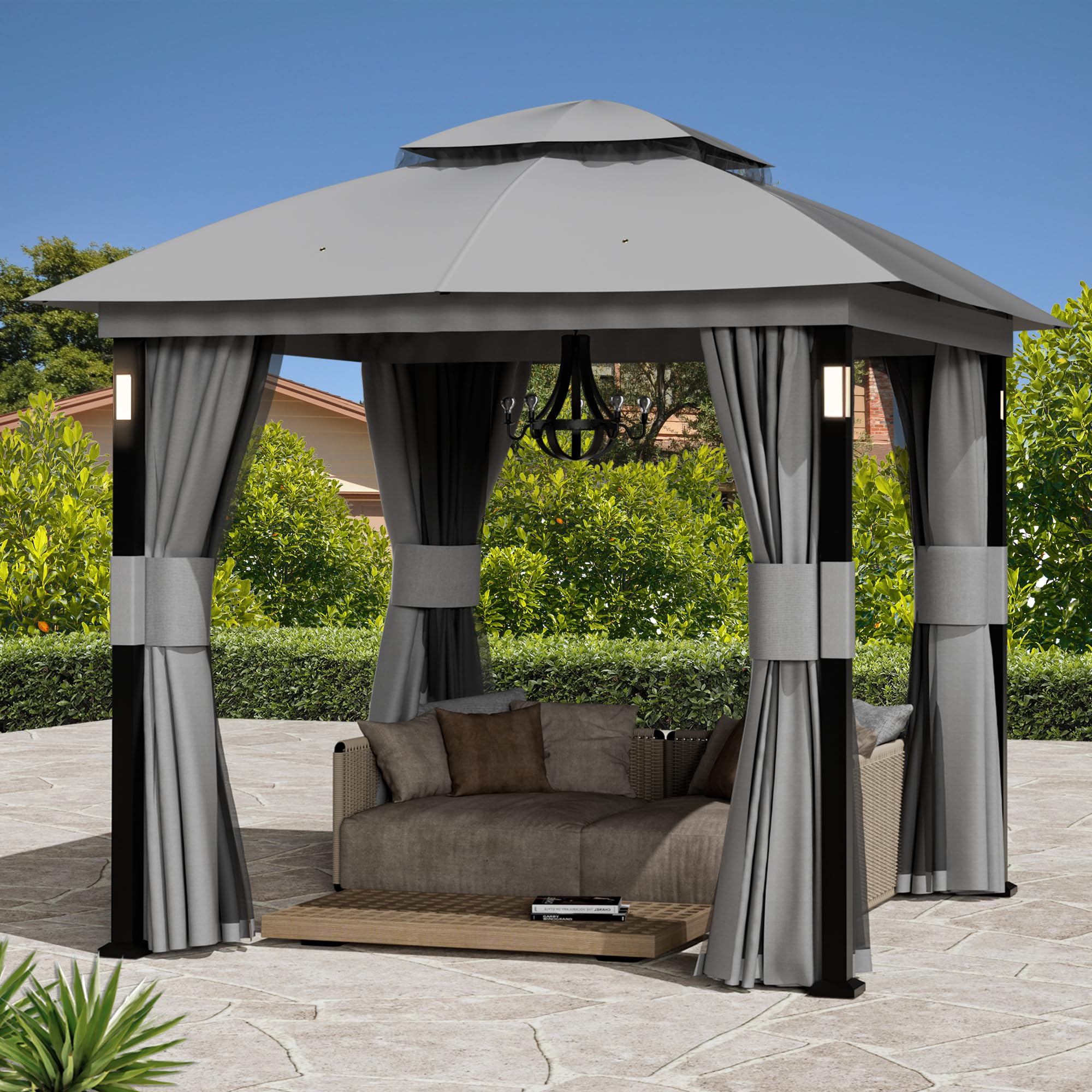 Modern Shade Toile pour Tonnelle de Jardin 2,4 x 2,4m à Double Toit avec éclairage LED Haut-Parleur Bluetooth, Auvent Extérieur Robuste, Tonnelle Moustiquaire et Rideaux pour Jardin Gris