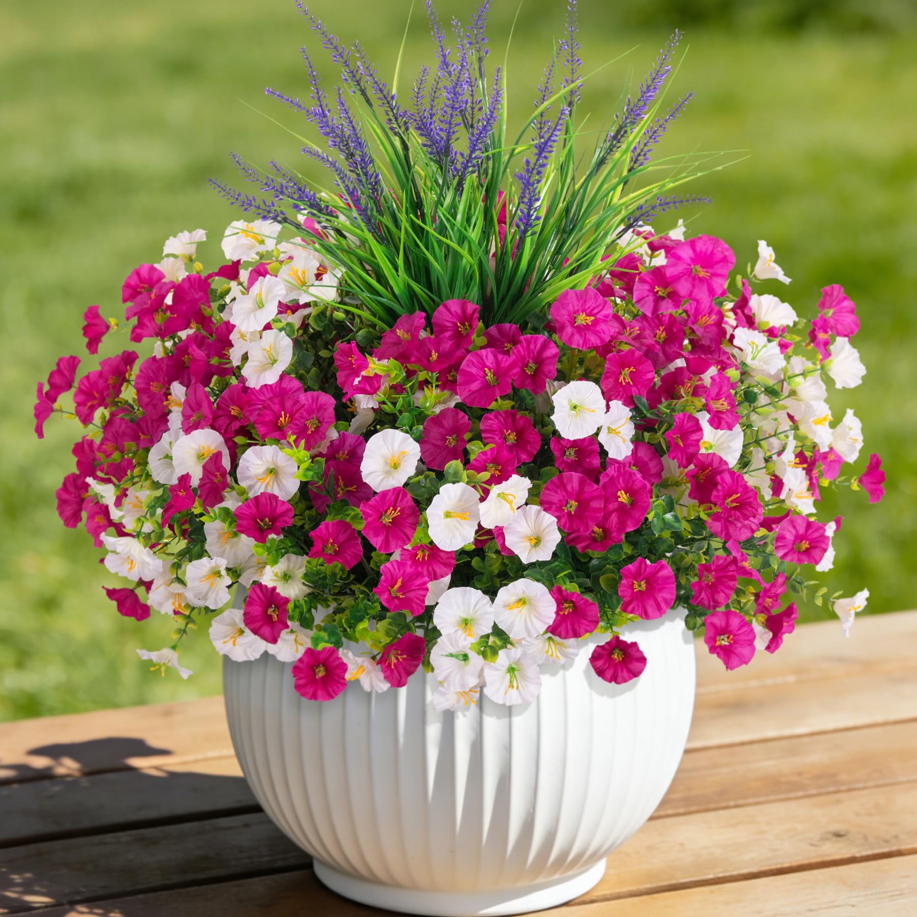 Artificial Flowers Fake Plants for Outdoors Decoration, 12 Bundles Silk Morning Glory with 2PCS Lavender Realistic UV Resistant Faux Flowers for Outside Planter Yard Patio Garden Home Indoor