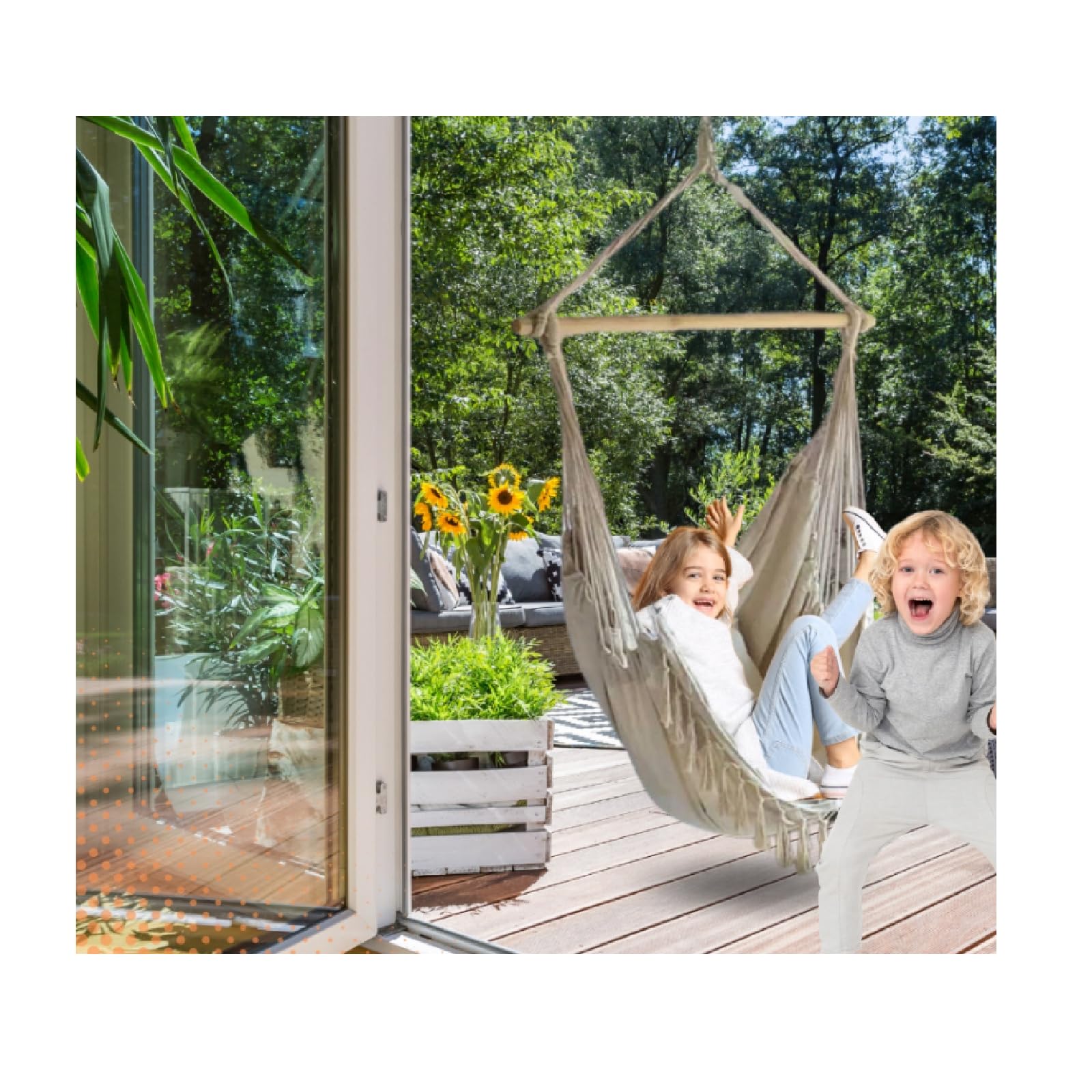 QLS Fotel wiszący boho 130x100 cm z 2 poduszkami 200 kg beż