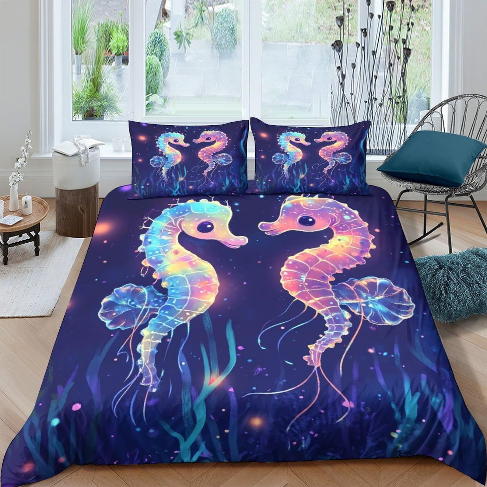 GPLZQXKJNH 3D Printed Colorful Seahorse Duvet Cover Microfiber Soft Breathable Ocean Night Bedding Set with 2 Pillowcases for Bedroom Single（135x200cm）