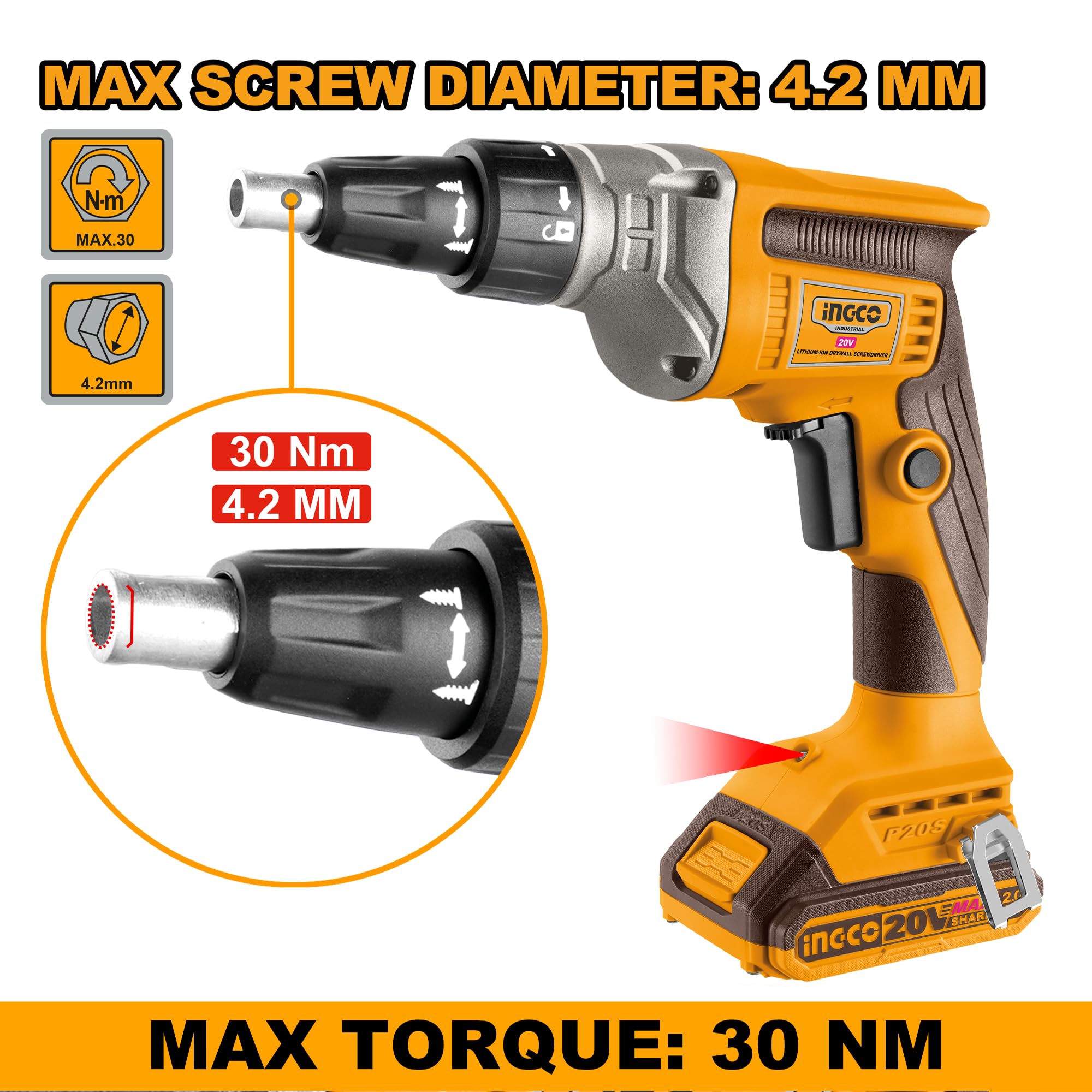 INGCO Professional Cordless Drywall Screwdriver, 4200 RPM, 30 Nm, Depth Adjustment 4