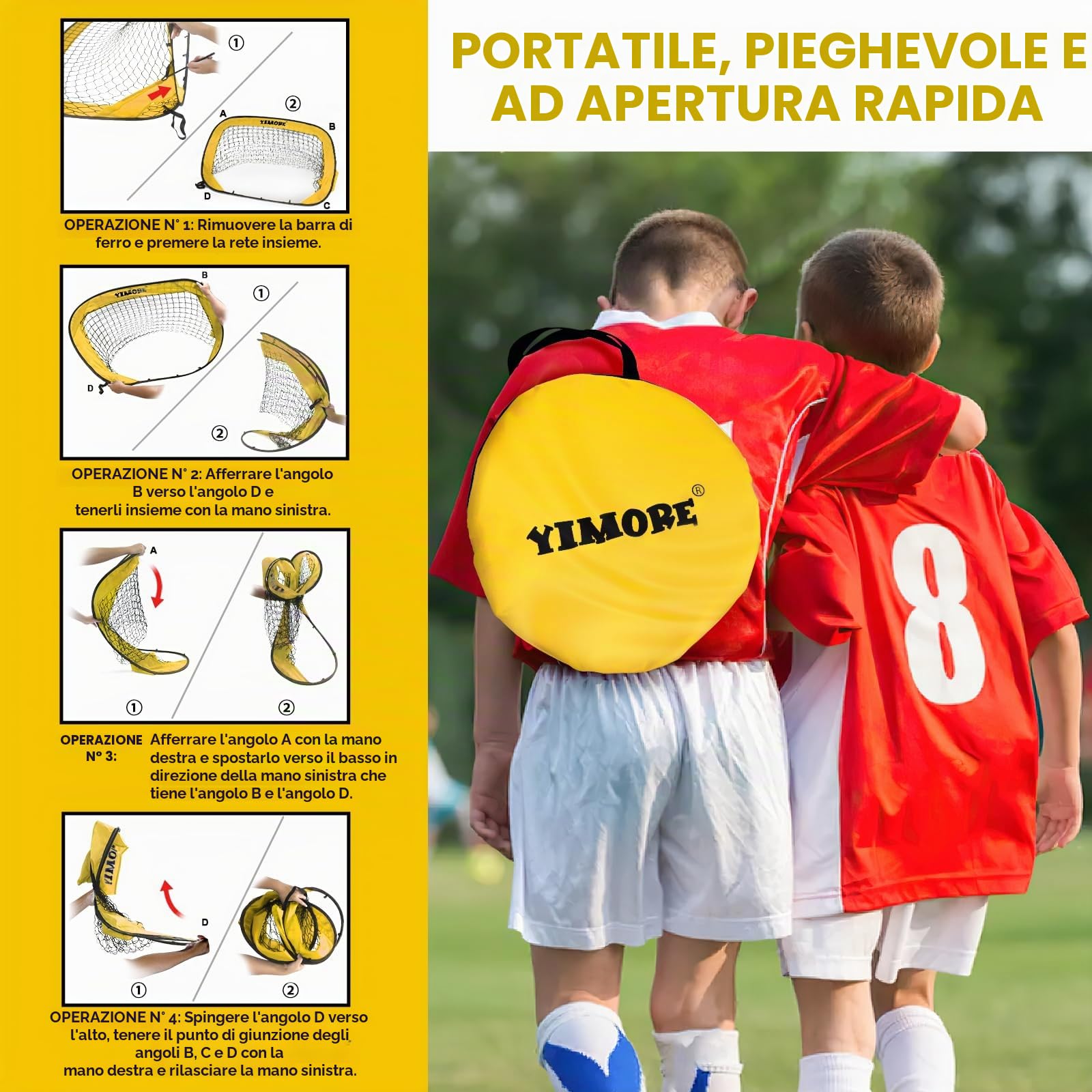 Yimore Porte da Calcio per Bambini, 4 Modalità Pop-up Porta da Calcio da Giardino, Pieghevole con Borsa per Trasporto, 120 x 80 x 80 cm, Regalo per Bambini