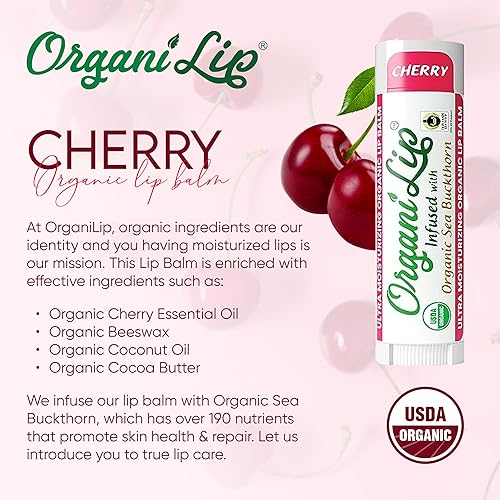 Miniatura 2 de OrganiLip Bálsamo labial orgánico con sabor a cereza paquete de 3 certificado por USDA orgánico para hidratar calmar suavizar hidratar y nutrir