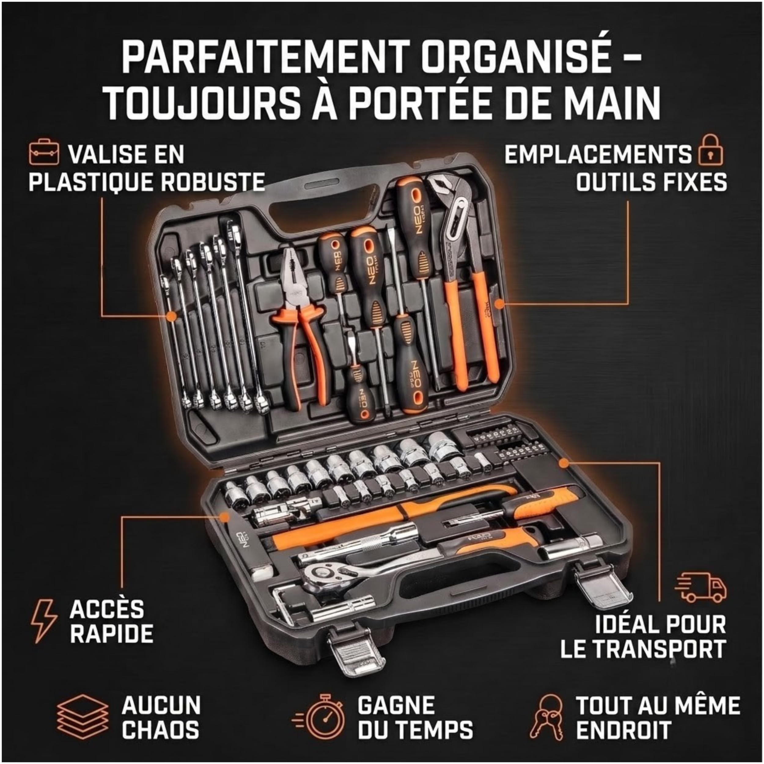 Mallette à outils professionnelle 56 pièces Neo Mallette à outils pour ménage 2 pièces - Mallette en plastique robuste - Outils à main - Grand assortiment de tournevis
