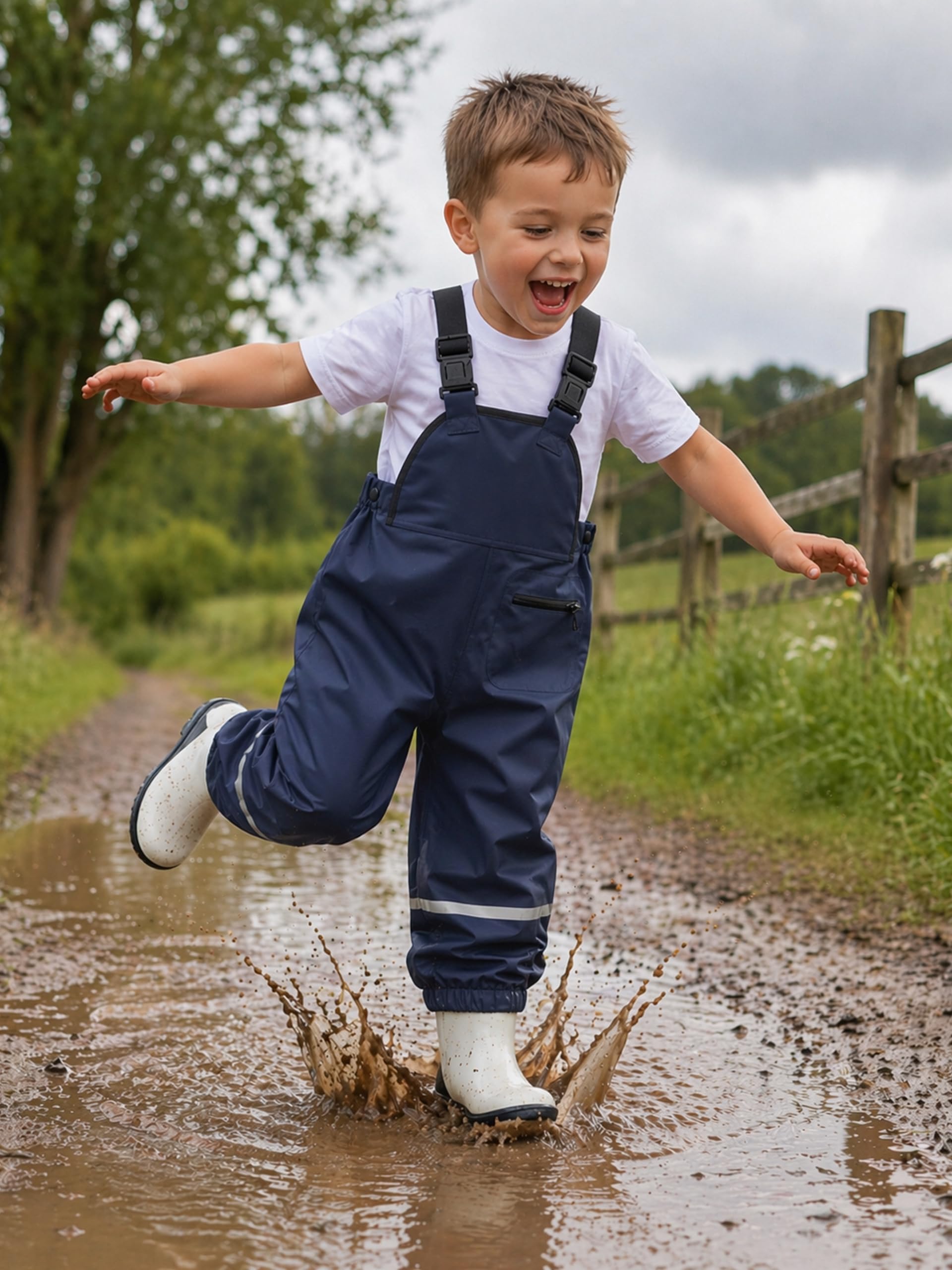 Volunboy Pantalon de Pluie à Bretelles Garçons 1-5 Ans - Imperméable Coupe-Vent Léger, Anti-Boue Séchage Rapide