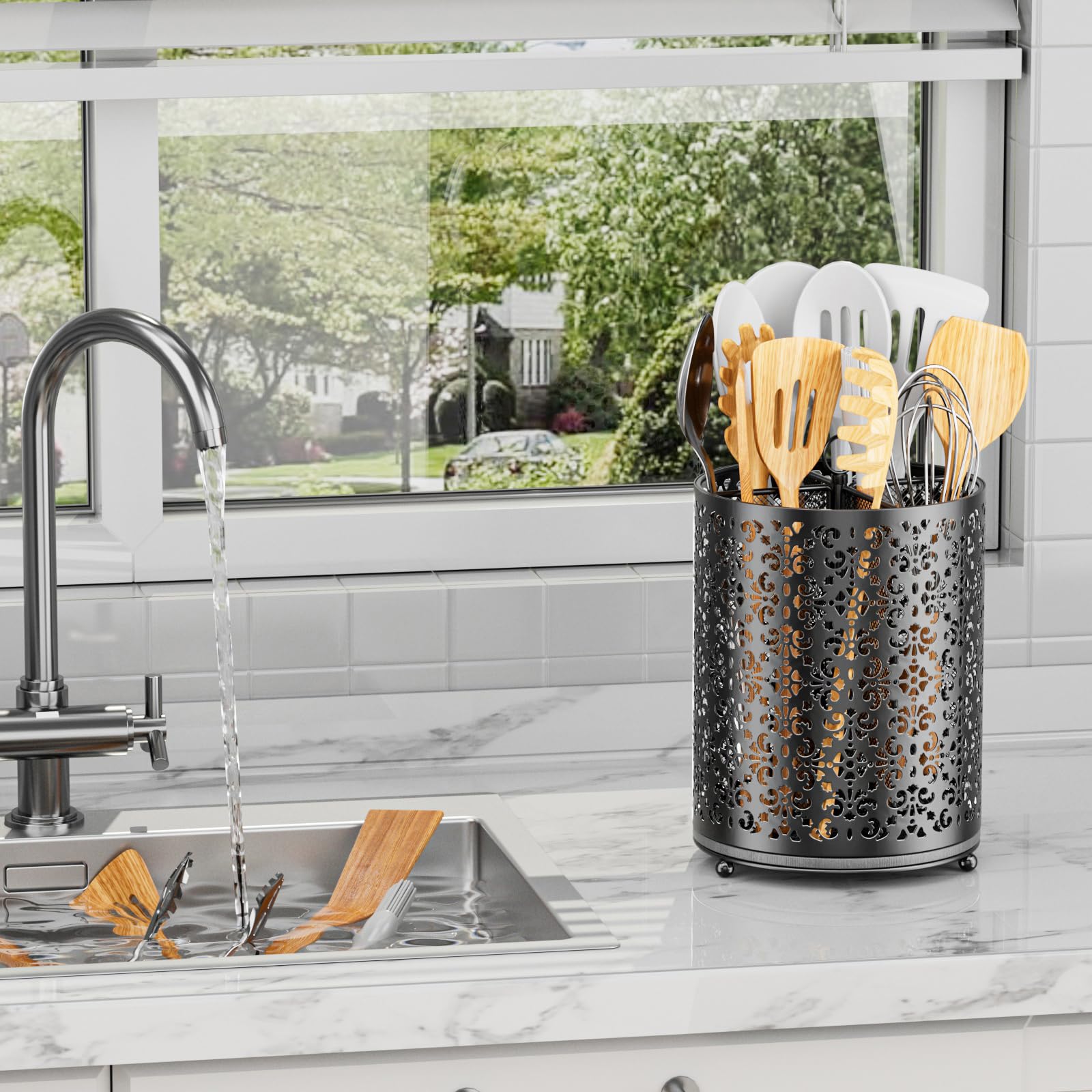 EKNITEY Instant-Dry Kitchen Utensil Holder - Large 360° Rotating Cutlery Basket - 4 Compartments Kitchen Utensil Storage - Spatula Storage Rack (Black)