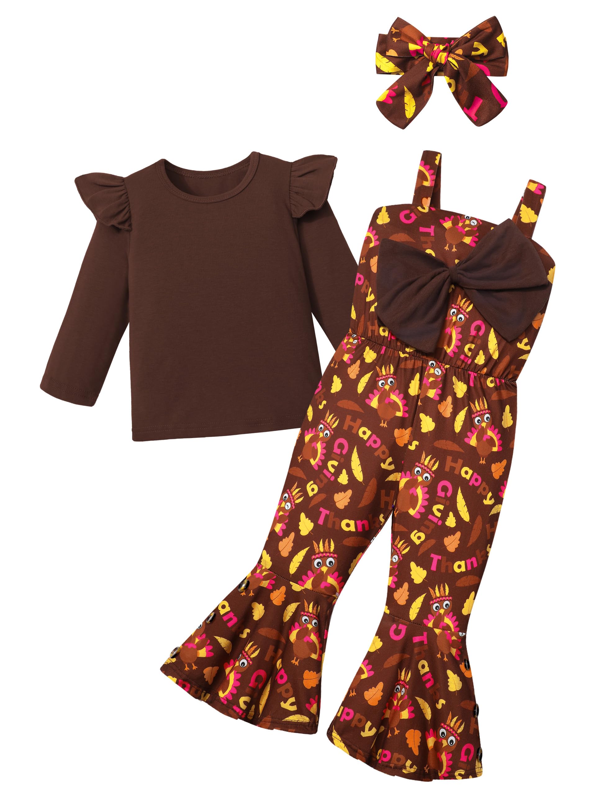 Queenstyle Thanksgiving Outfit Toddler Girl 3t 4t Long Sleeve Ruffle Top Toddler Girl Thanksgiving Outfit Bell-Bottom Jumpsuit Headband