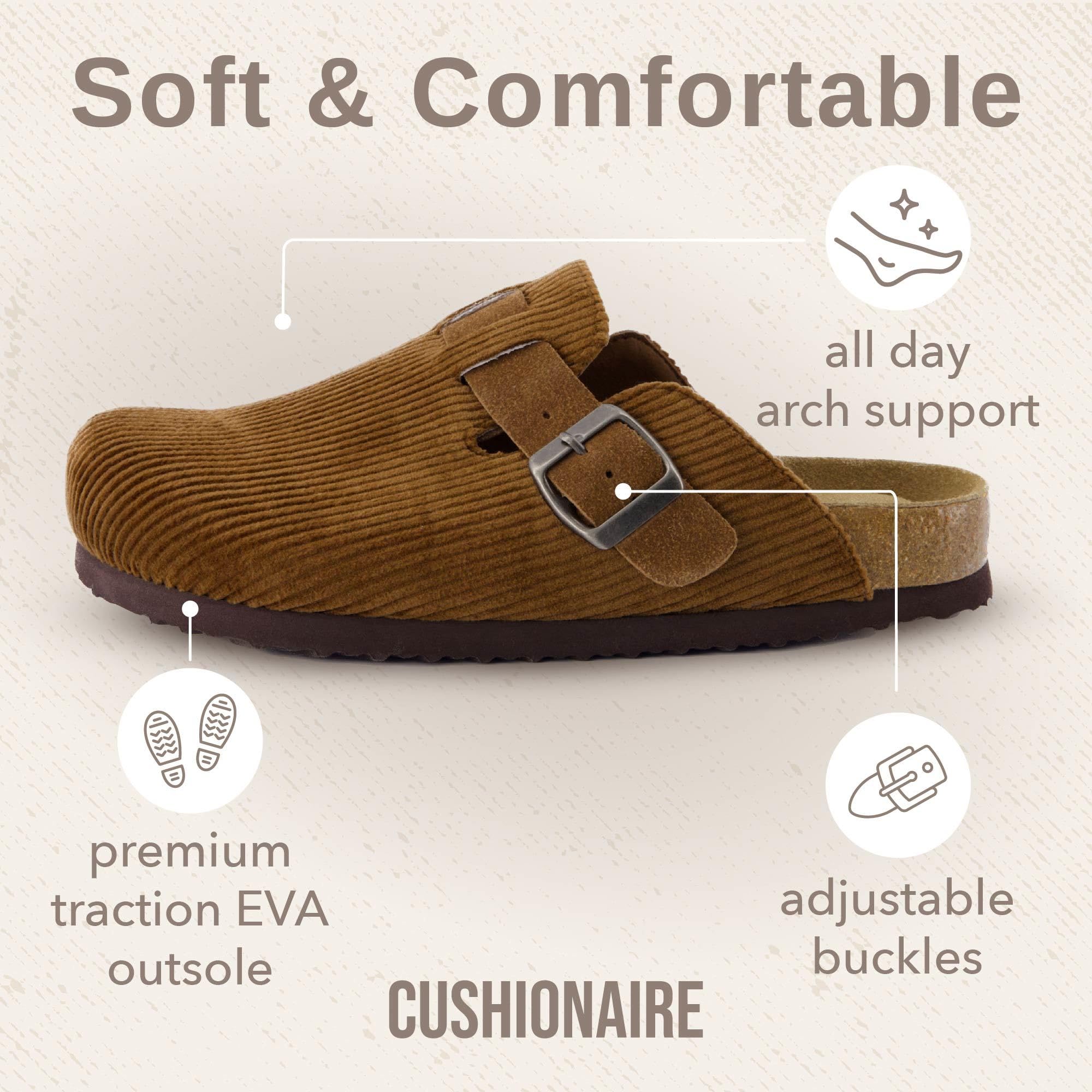 CUSHIONAIRE Hana Womens Clogs | Comfortable Vegan Suede Clogs for Women | Slip On Potato Shoes with Cork Footbed & Arch Support | Memory Foam, Wide Widths Available: 7.5 Tan Corduroy
