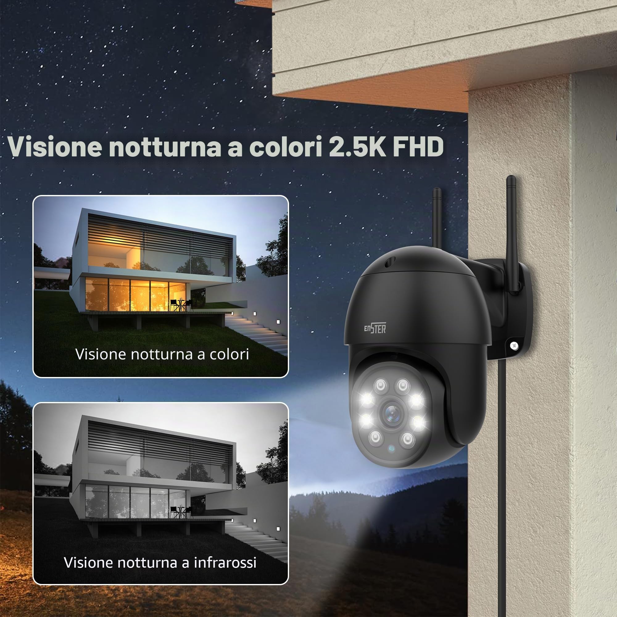 ENSTER 2.5K 4MP Telecamera Wi-Fi 2,4/5GHz Esterno, PTZ IP Videocamera Sorveglianza Tracciamento Auto Rilevamento Umano Visione Notturna Colori Audio Bidirezionale