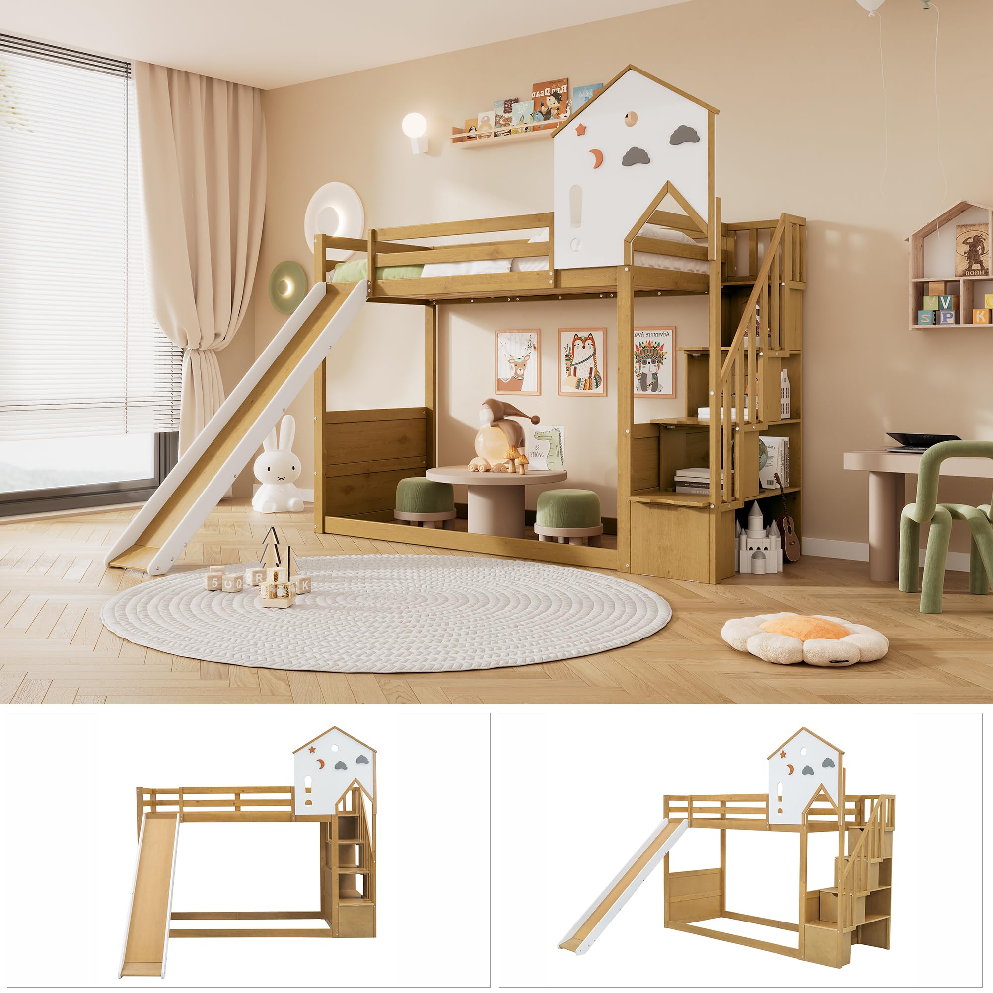 Letto a castello, letto per bambini, letto con scala angolare, culla con tetto e finestra, culla con 3 armadietti nelle scale, letto a castello con scivolo, pino MDF, bianco naturale, 90 x 200 cm