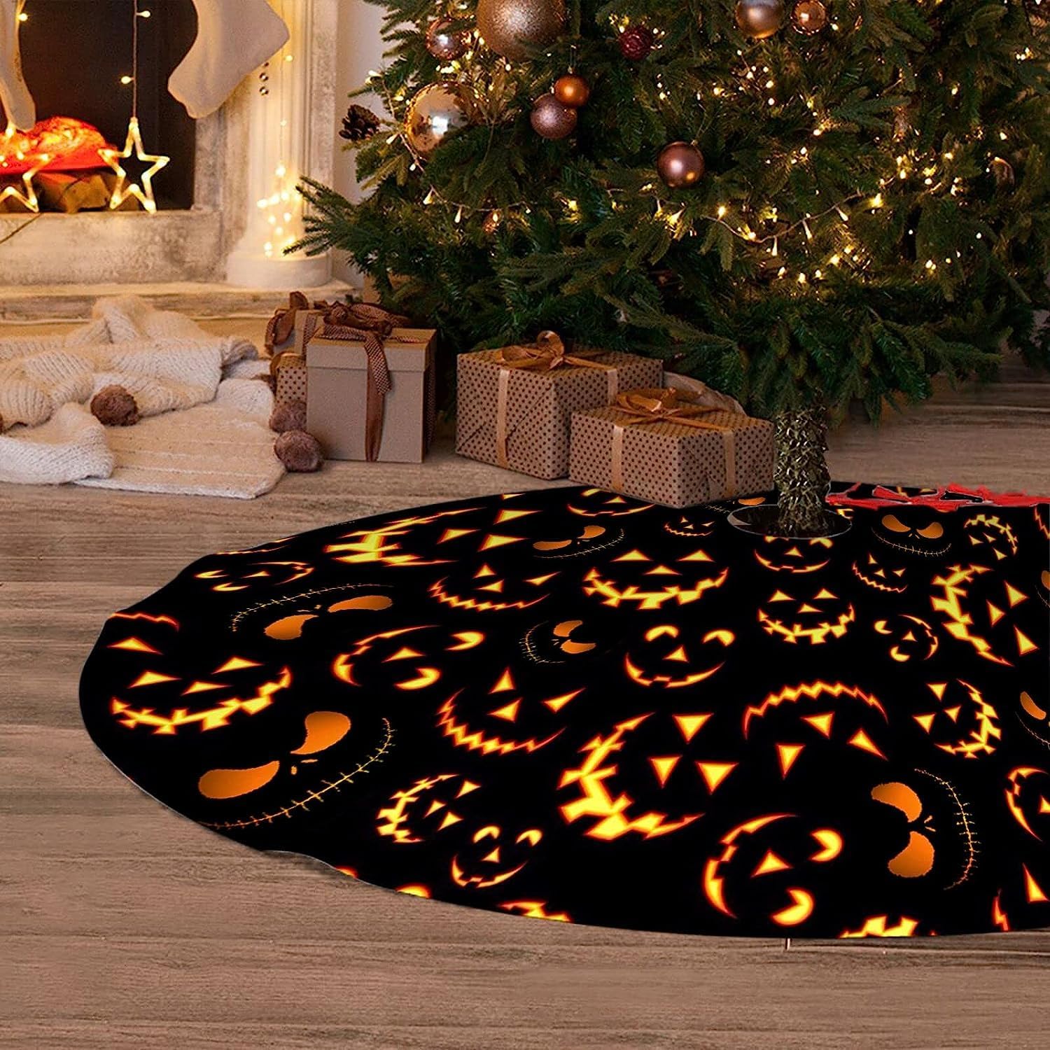Halloween Tree Skirt 36Inch Pumpkin Smile Face Halloween Christmas Tree Decorations Black Tree Skirt for Fall Holiday Party Home Decor