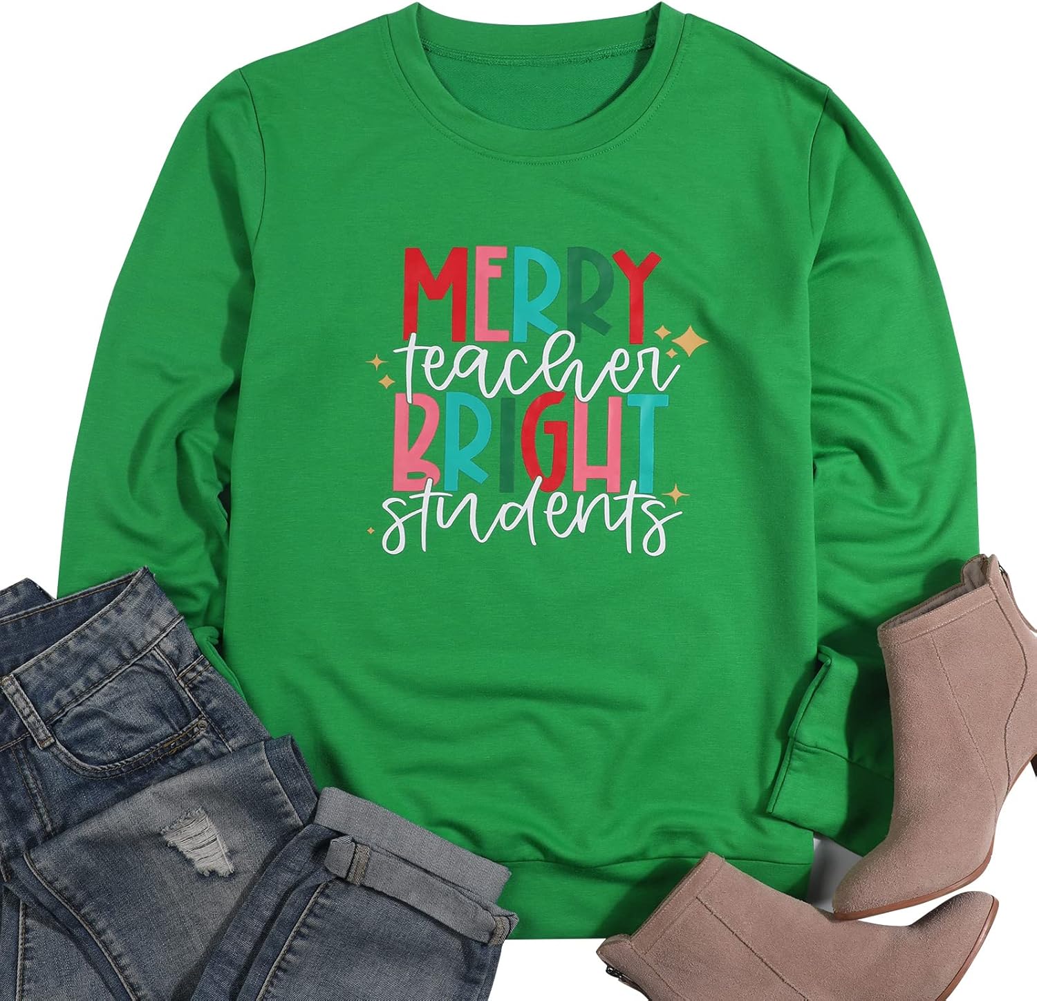 Christmas Teacher Sweatshirt Women Merry Bright Graphic Print Sweatshirt Christmas Crewneck Vacation Shirts - Image 5