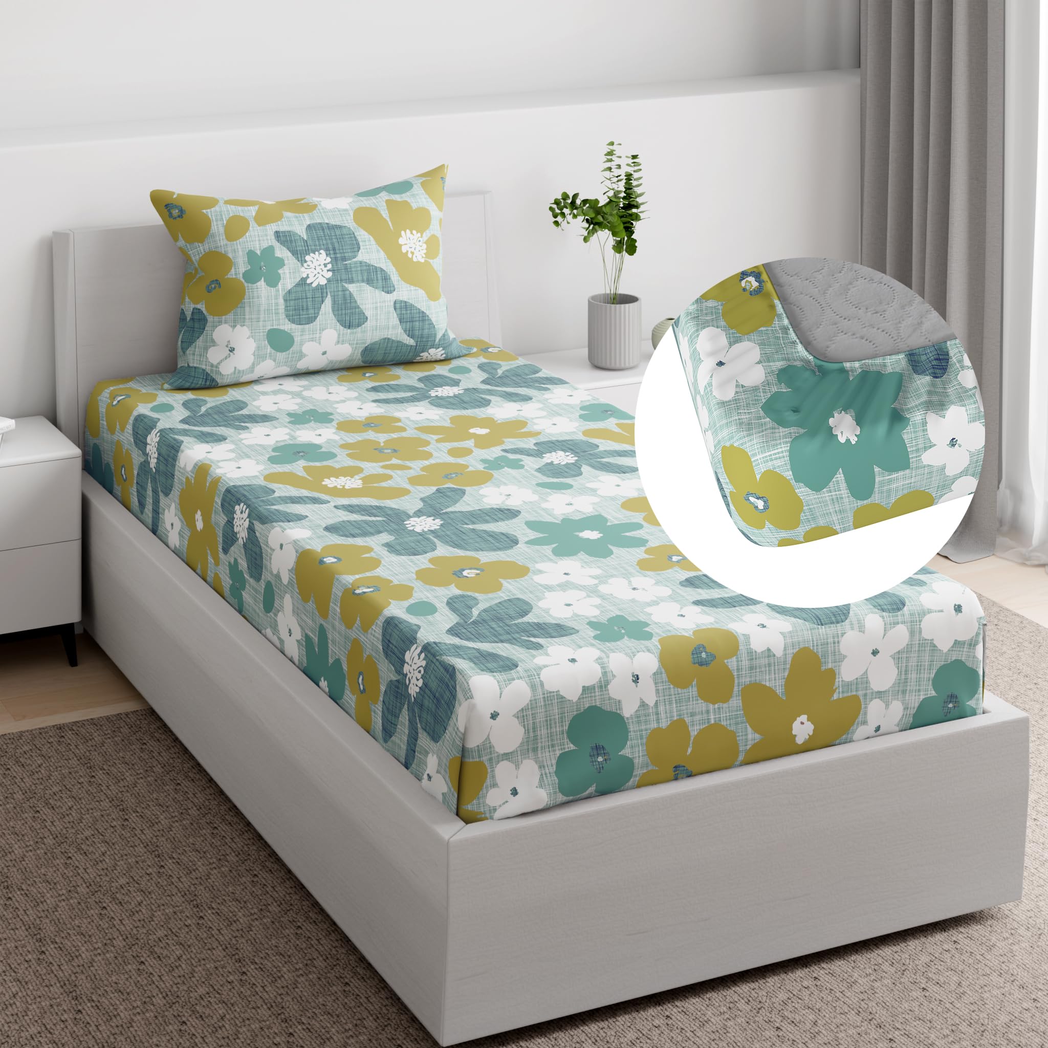 Wakefit Essentials 100% Cotton Super Soft Flat Bedsheet with 1 Pillow Cover | Adabella Green Single Size (90 x 60 inch) | Adabella Green