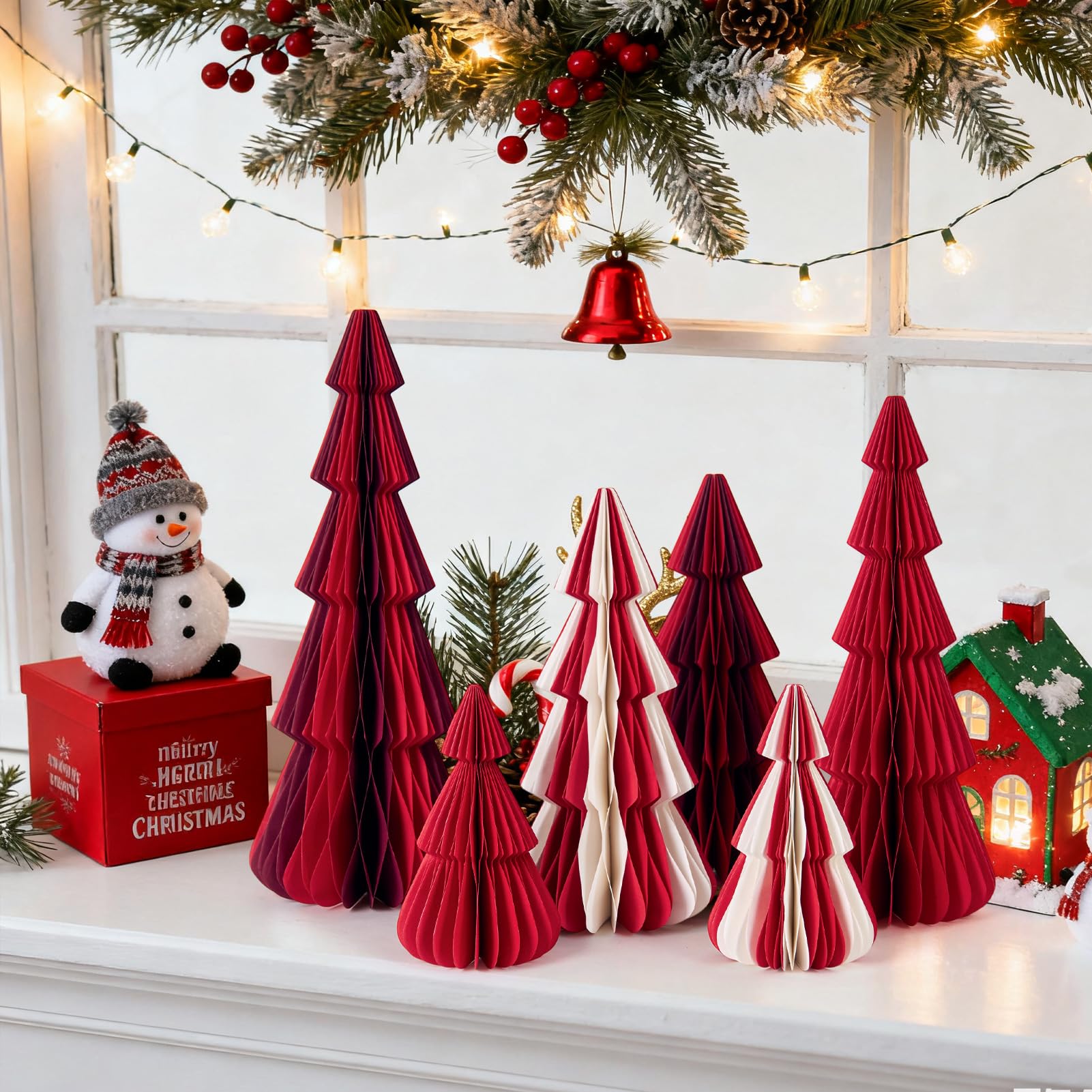 EASY JOY 6 Pcs Red White Honeycomb Christmas Trees Decorations, 3D Paper Christmas Trees Artificial Xmas Tree Decorations Paper Christmas Table Decor for Winter Party New Year Holiday Party Decor
