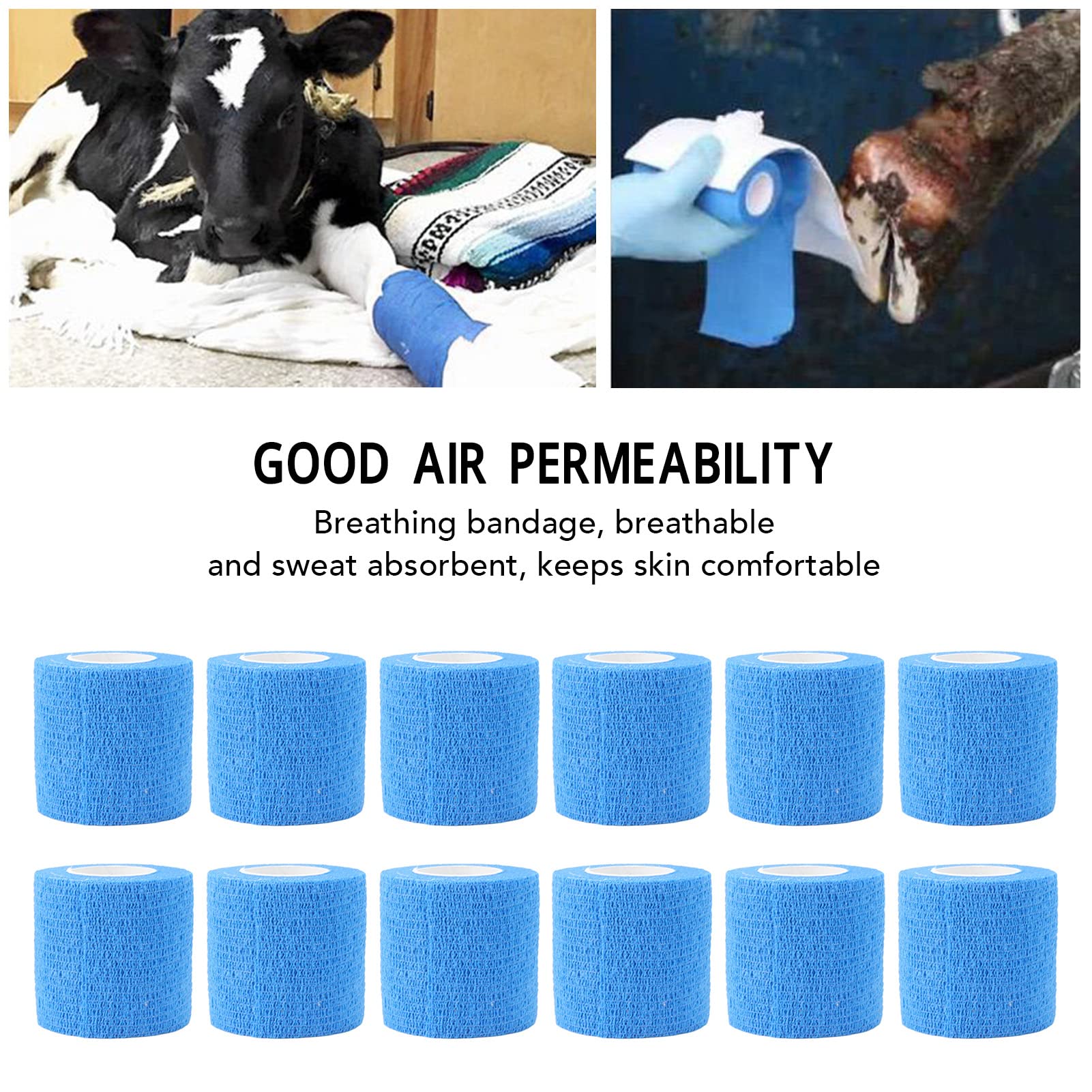 Lot de 12 Bandes élastiques Auto-adhésives imperméables pour réparation de Sabots pour Vaches, Chevaux, Chiens, Chats, Polyester Non tissé, Longueur 4,5 m, Lot de 12 (Bleue)