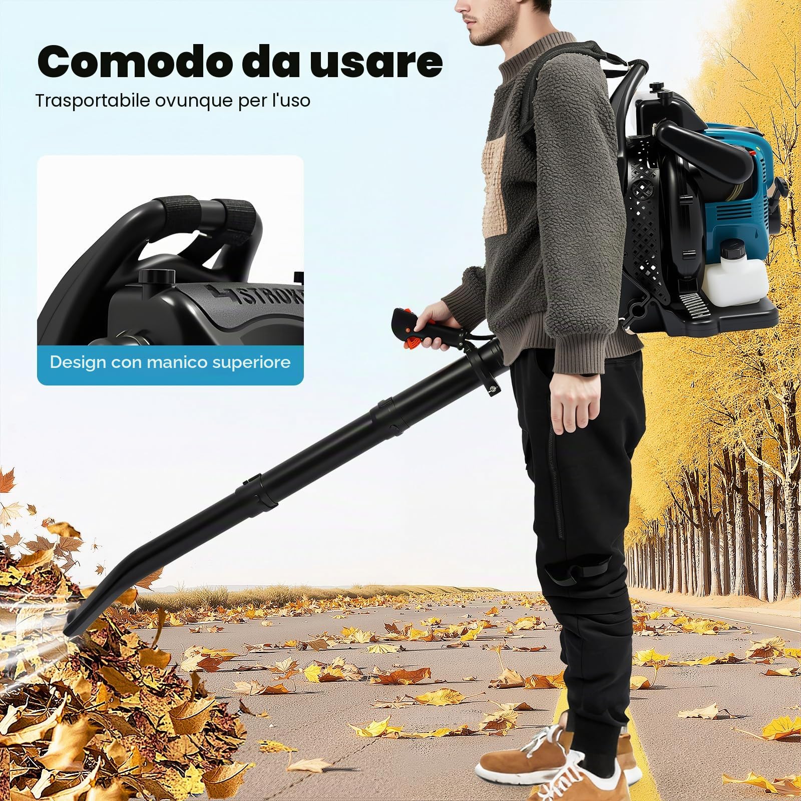 Soffiatore per Foglie a Scoppio a Zaino 4 Tempi 75,6 cc Soffiatore a Scoppio 2600W 7000 Giri/min Soffiatore Foglie Velocità Regolabile 14.1m³/s Aspirafoglie a Benzina 168 cm con Serbatoio da 1,9 litri