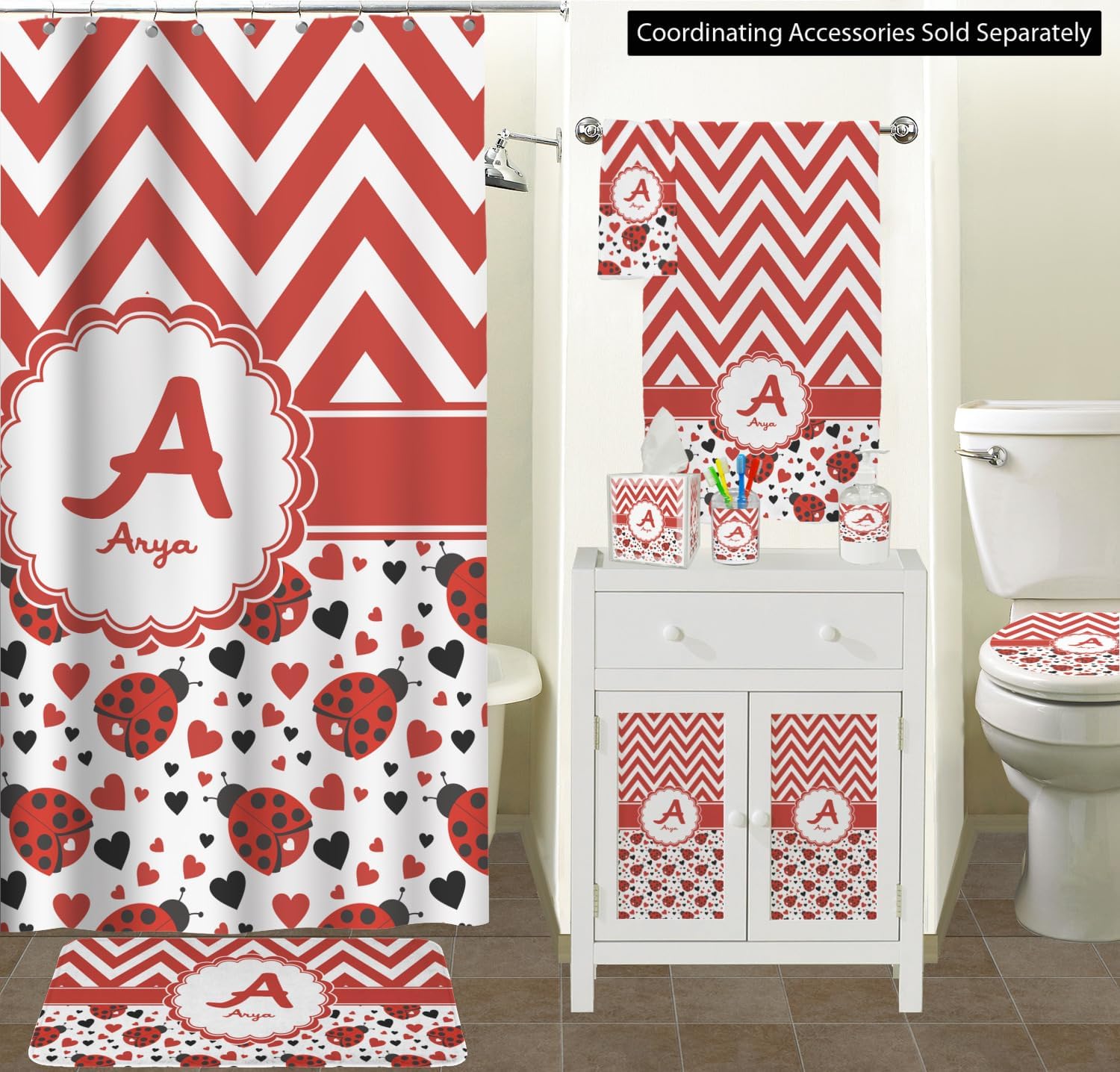 Personalized Ladybugs & Chevron Waste Basket - Double Sided (Black)