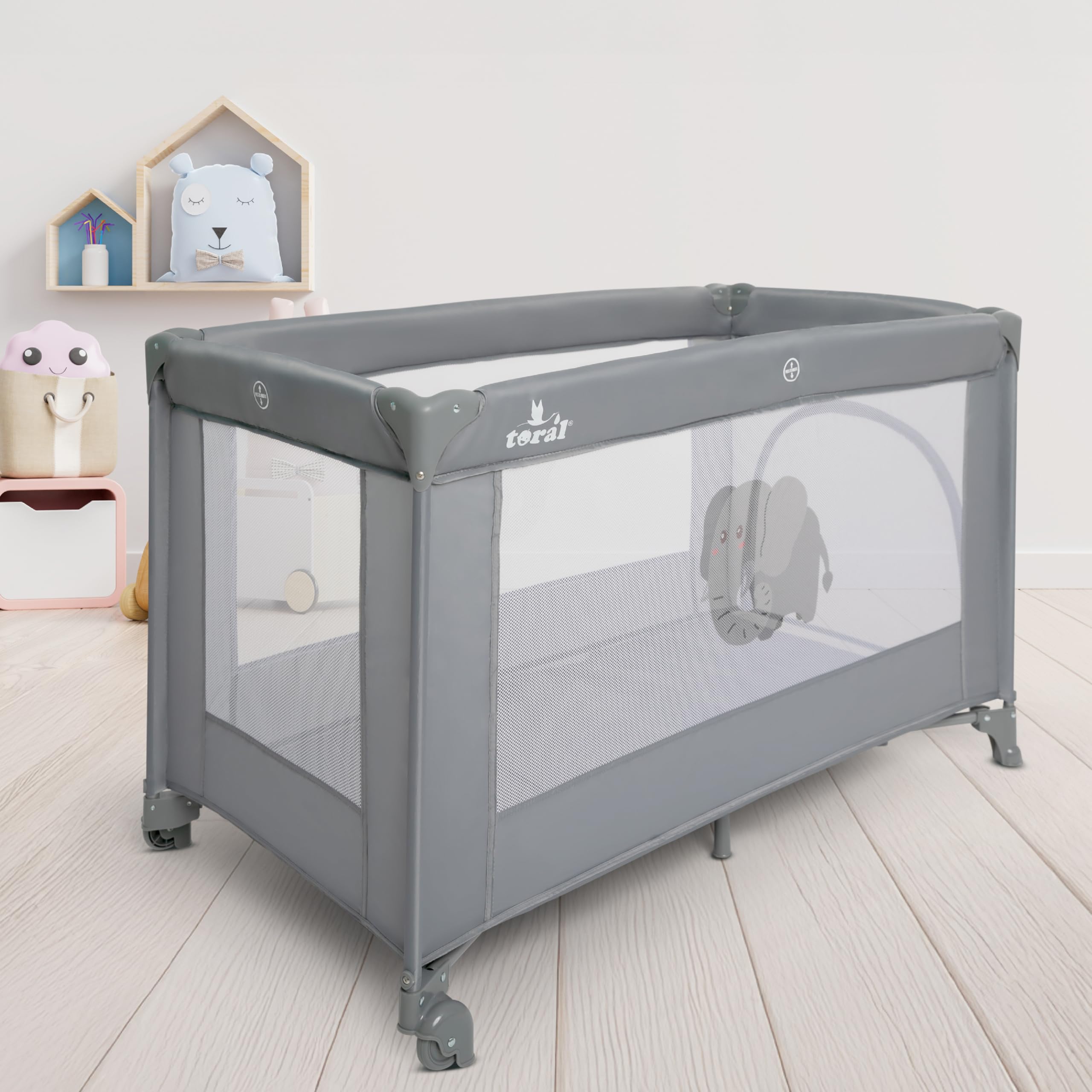 TORAL Cuna de Viaje Bebe con Colchon - Parque Cuna Bebe 2 en 1, Ideal para Casa y Viaje, Práctico Parque Infantil para Jugar Modelo Adventure Gris