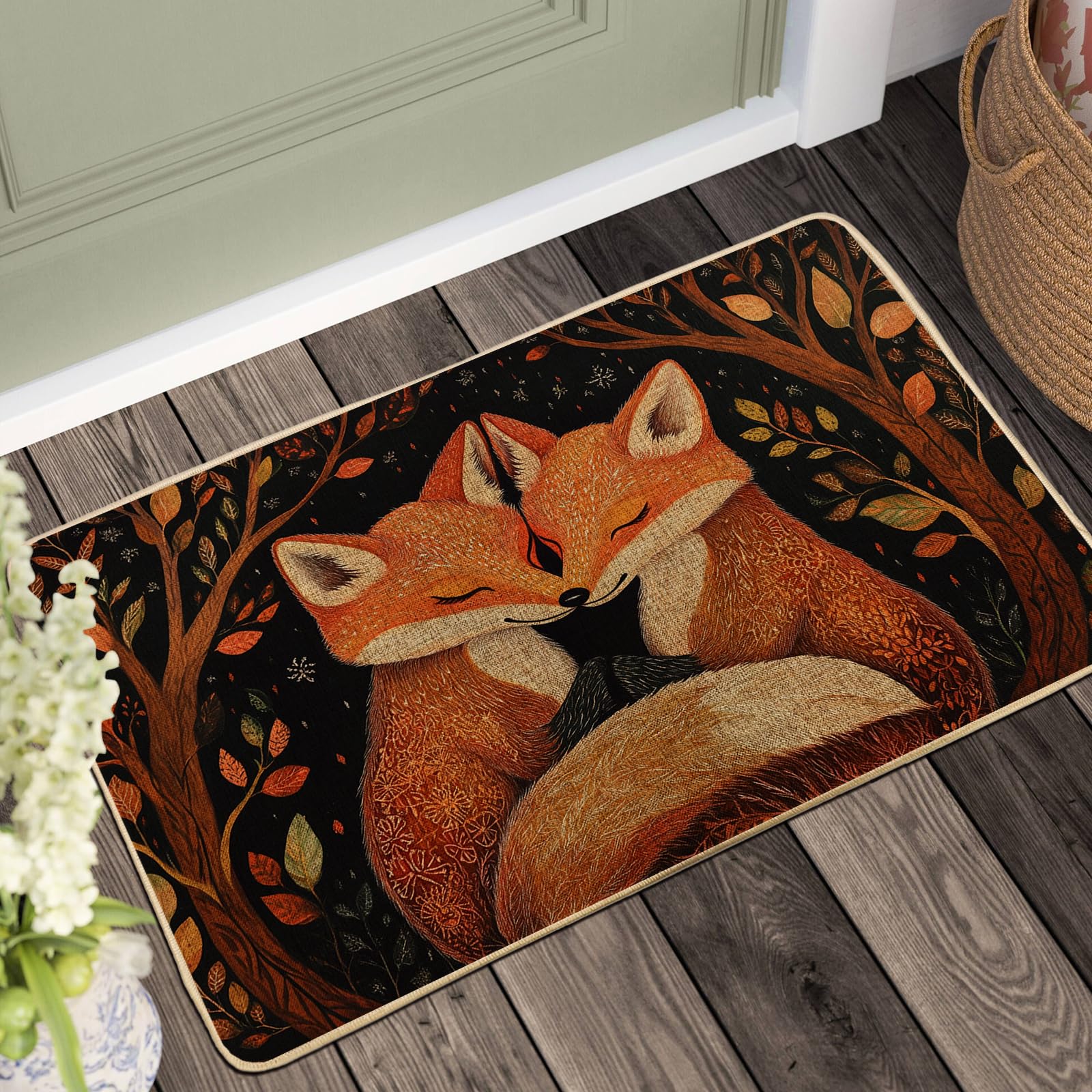 Autumn Foxes Doormat, Orange Fox Door Mat for Outdoor & Indoor Use, Seasonal Animal Decor, Rubber Waterproof Non-Slip Dust Absorbent Welcome Mat, Easy Clean 29x17 Inch