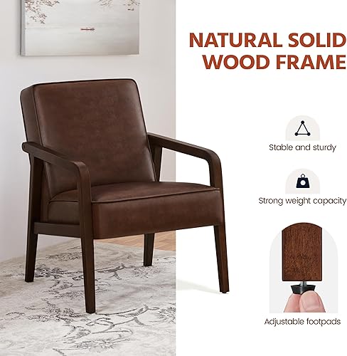 Miniatura 19 de Topeakmart Silla decorativa de piel sintética, sillón moderno y de mediados de siglo con patas de madera y acolchado suave para sala de estar,