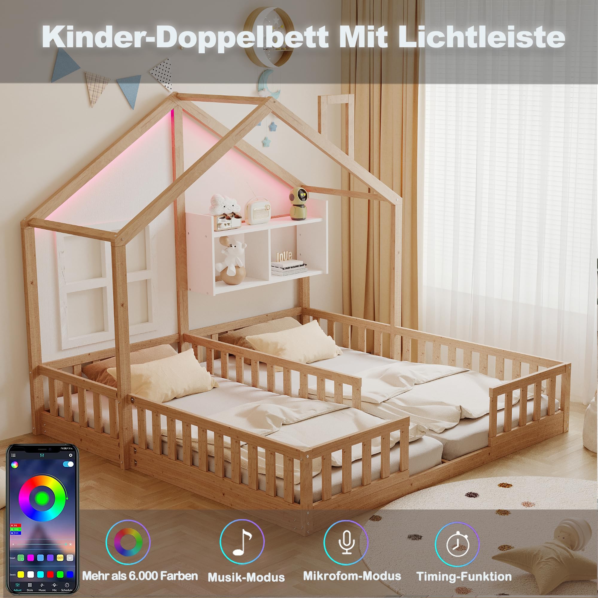 Kinderbett Bodenbett 180x200,Hausbett mit Rausfallschutz&Lattenrost,Montessori Bett mit Ablageflächen&LED-Beleuchtung,Freistehendes Doppelbett Gitterbett Bettgestell Spielbett,Ohne Matratze,Holzfarbe