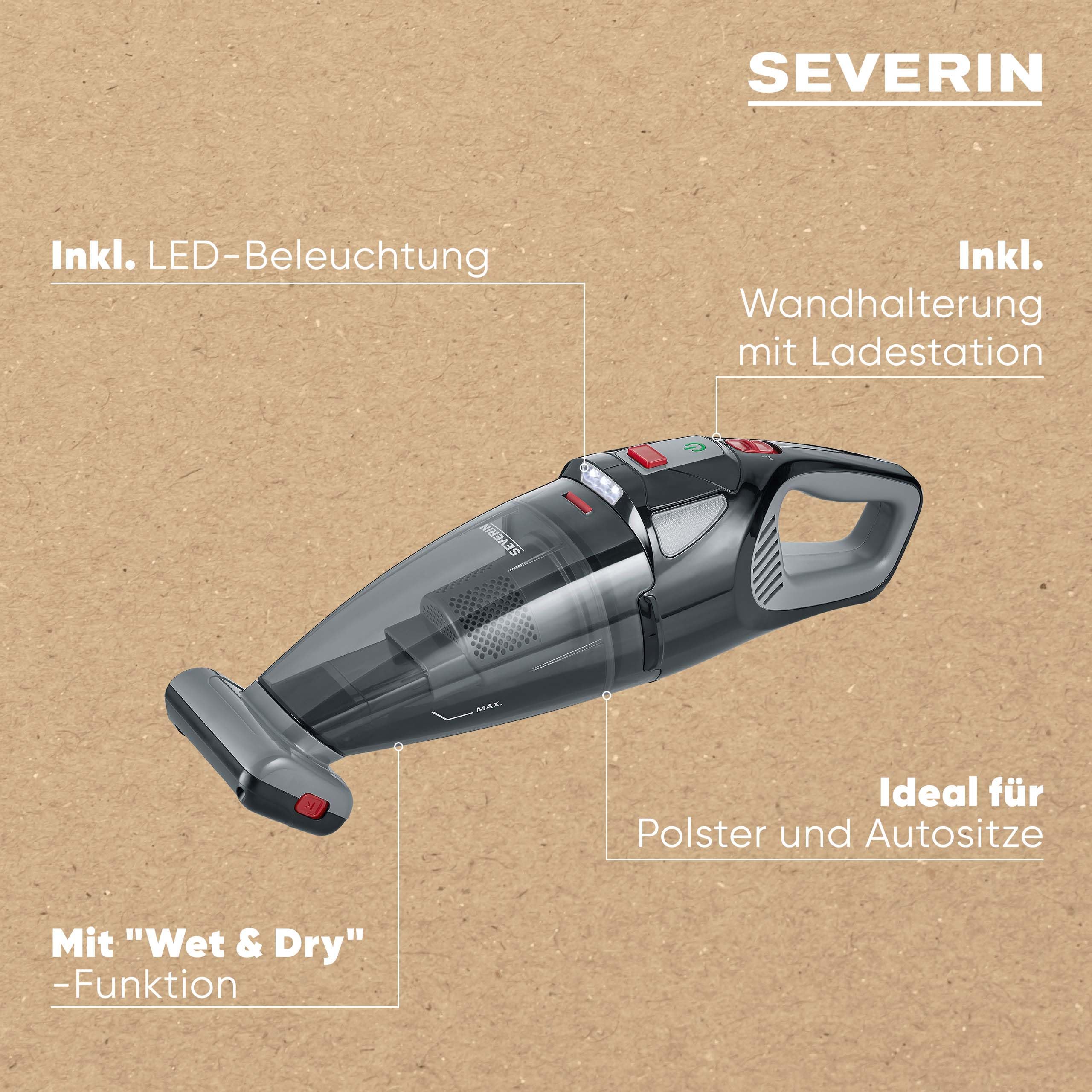 SEVERIN Akku Handstaubsauger kabellos, 18,5 V, 50 Min Laufzeit, Nass- und Trockensauger mit LED-Akku, rotierender Turbobürste und Tragetasche, für Auto, Camping und Tierhaare, HV 7147