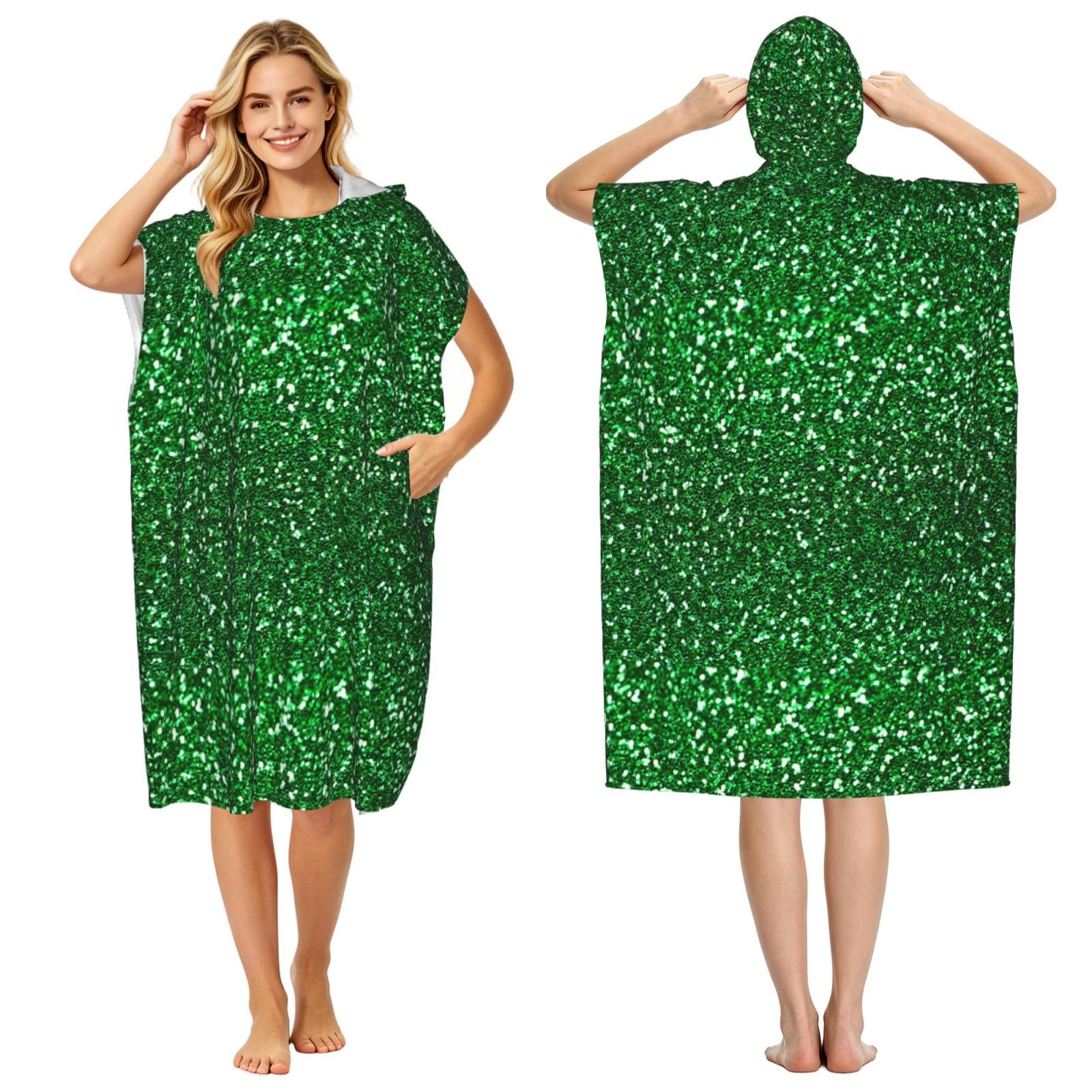 Poadnly Green Sequin Sparkle, Adult Hooded Beach Towel 90 x 110 cm,Changing Bath Robe, Surf Poncho Towel For Women Men