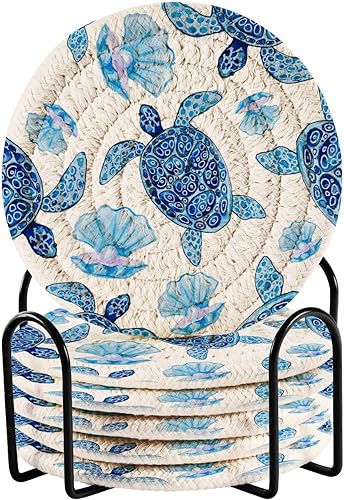 Vista 64 de Juego de 6 posavasos para bebidas con soporte, diseño retro de estrella de mar y estrella de mar, juego de 6 posavasos decorativos absorbentes