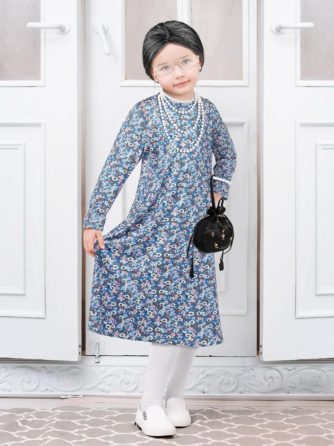 AOTHSO 10 Pcs Kids Old Lady Costume 100 Days of School Costume for Girls Halloween Grandma Dress with Wig Granny Cane for Kid - Image 6