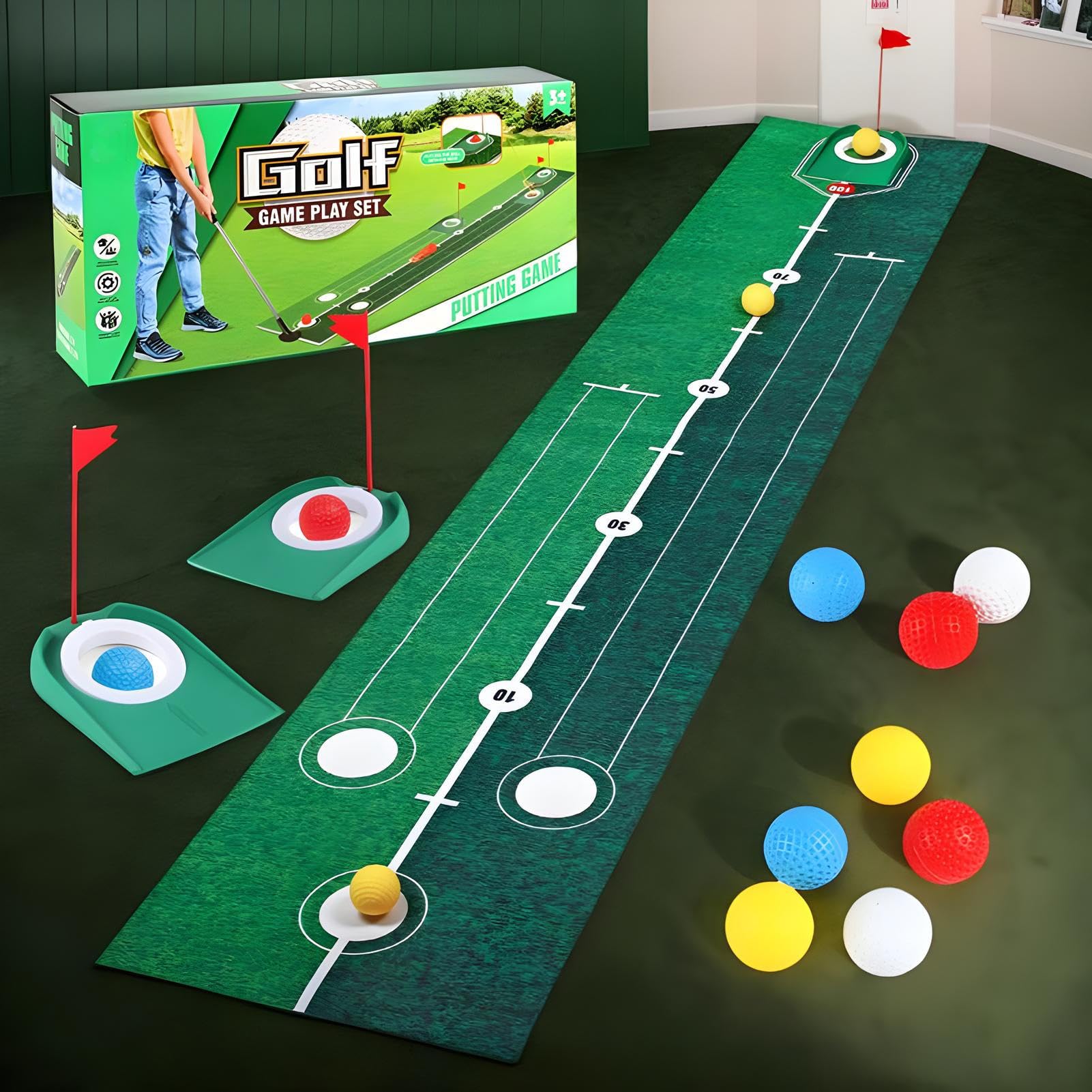 Tappeto Putting per Interni | Set Allenamento Golf per Esterni con Tappeto,Attrezzatura Portatile con Mazze, Buche e Palle per Allenamento in Interni, Giardino, Esterno per Famiglia