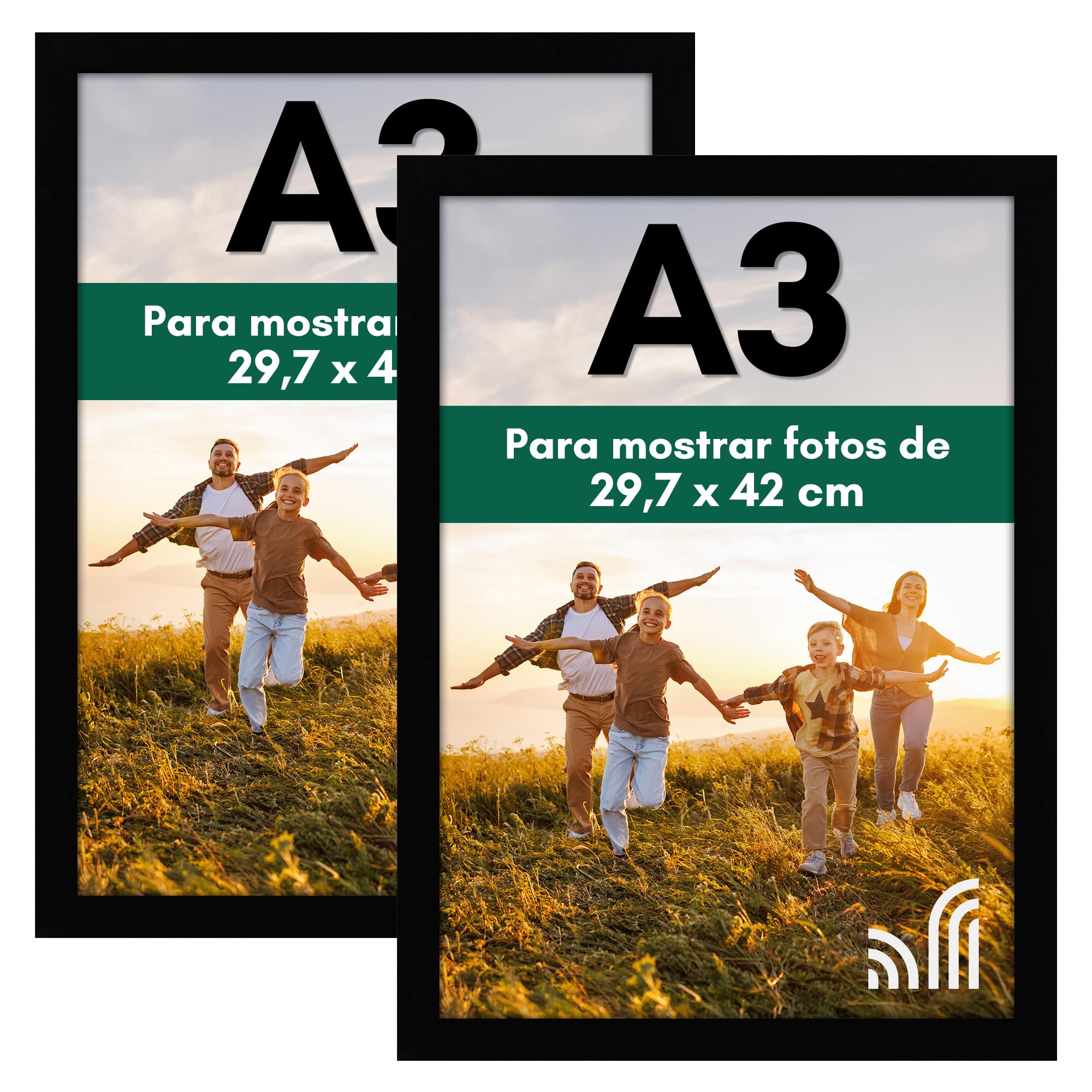 Americanflat Marco de Fotos A3 en Negro - Marcos de Fotos Pared de MDF con Cristal Irrompible y Ganchos para Colgar - Exposición Horizontal y Vertical - 2 Unidades