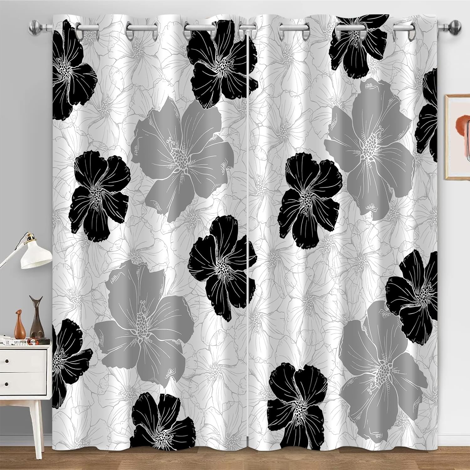 Black White Grey Floral Blackout Curtains, Boho Flowers Print Decor for Home Bedroom Living Room Grommet Window Darkening Drapes 2 Panel Set, 52x84 Inch